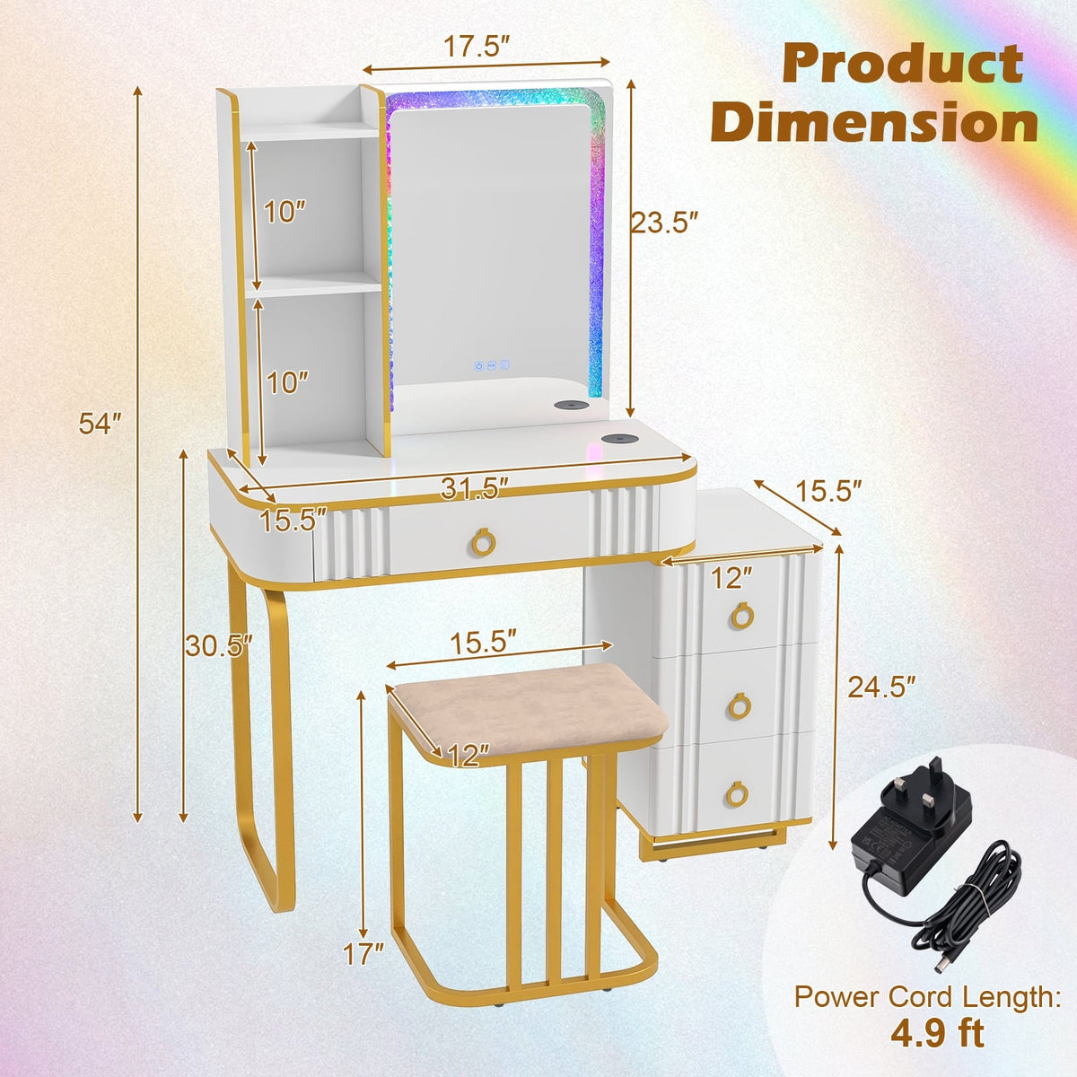 Vanity Table Set with RGB LED Lights and Wireless Charging Station-White-Makeup Vanities-DECOROLALA
