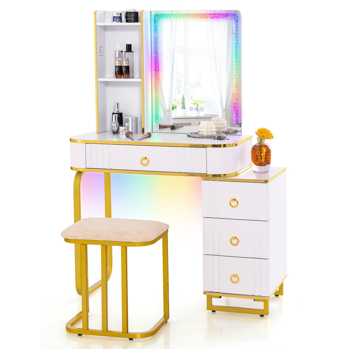 Vanity Table Set with RGB LED Lights and Wireless Charging Station-White-Makeup Vanities-DECOROLALA