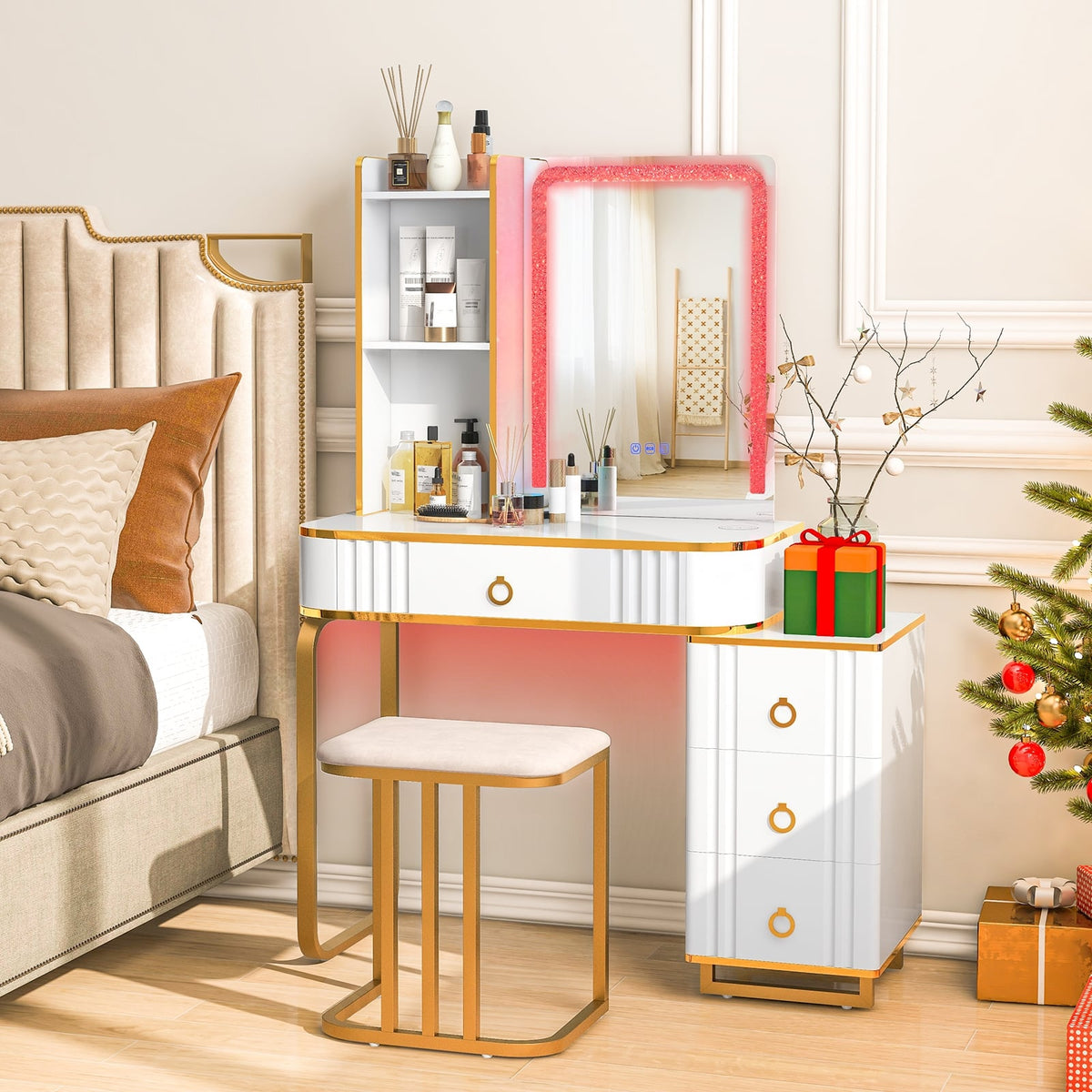 Vanity Table Set with RGB LED Lights and Wireless Charging Station-White-Makeup Vanities-DECOROLALA