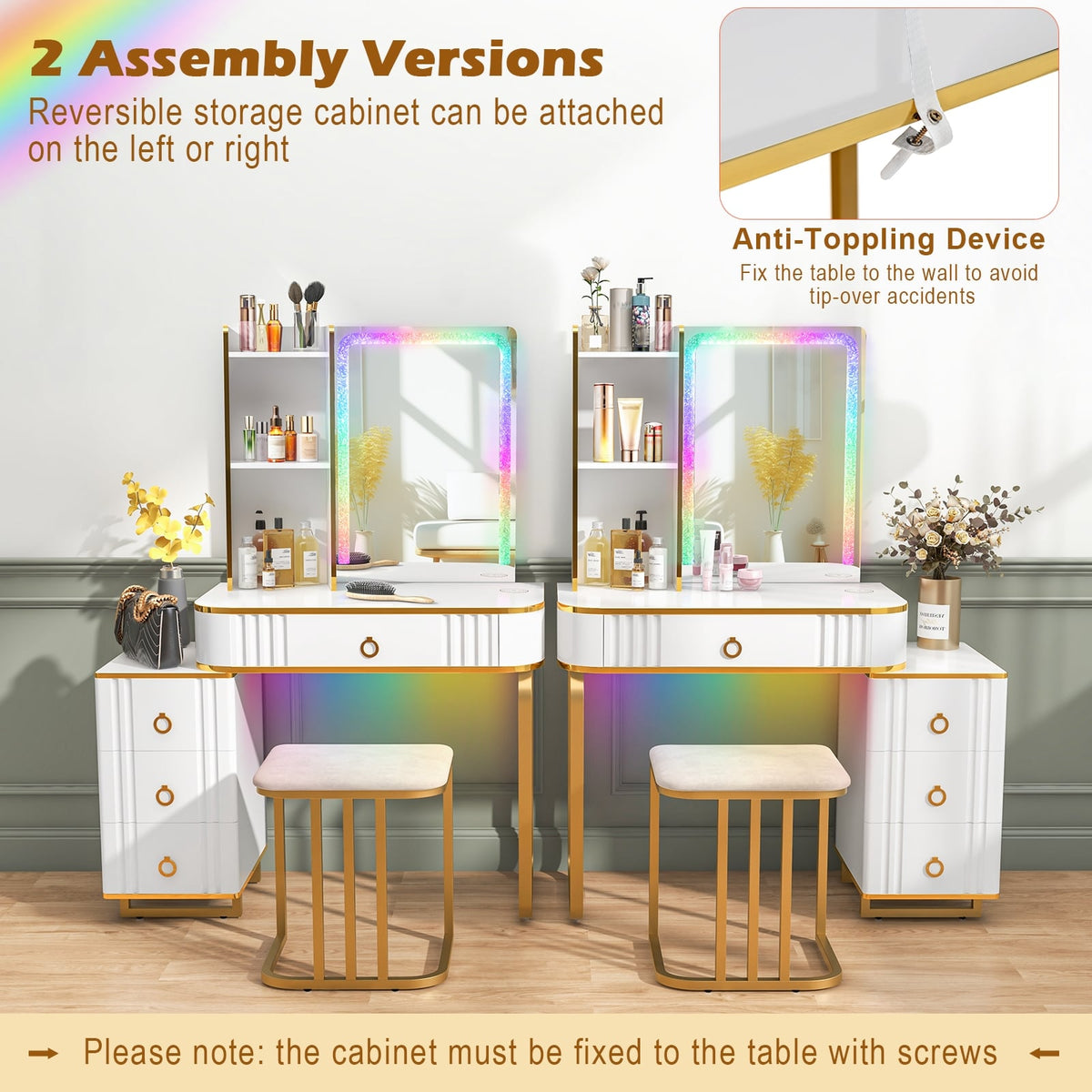 Vanity Table Set with RGB LED Lights and Wireless Charging Station-White-Makeup Vanities-DECOROLALA