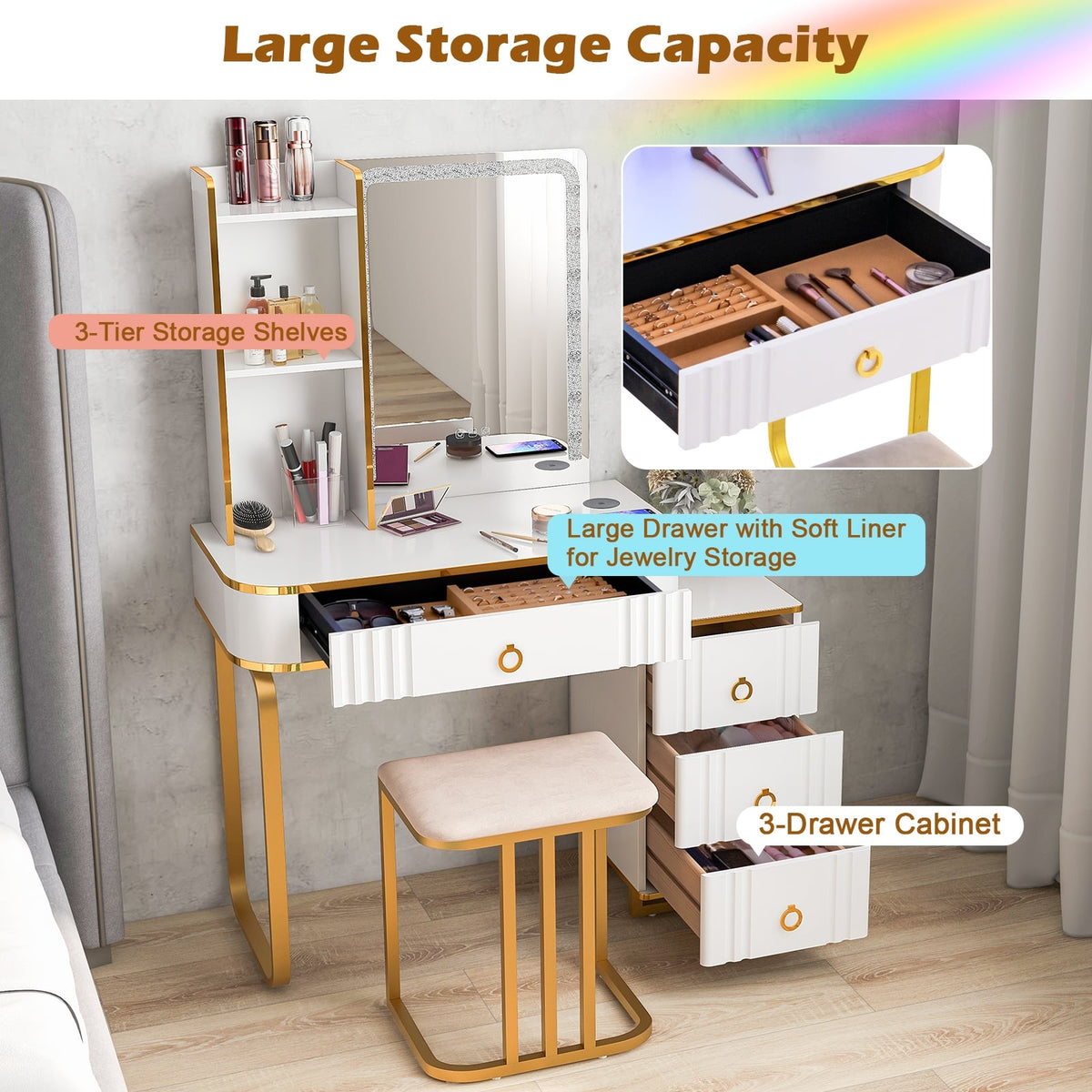 Vanity Table Set with RGB LED Lights and Wireless Charging Station-White-Makeup Vanities-DECOROLALA