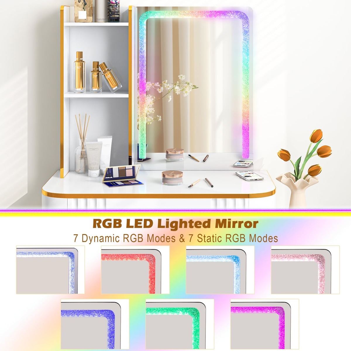 Vanity Table Set with RGB LED Lights and Wireless Charging Station-White-Makeup Vanities-DECOROLALA