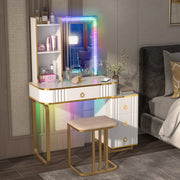 Vanity Table Set with RGB LED Lights and Wireless Charging Station-White-Makeup Vanities-DECOROLALA