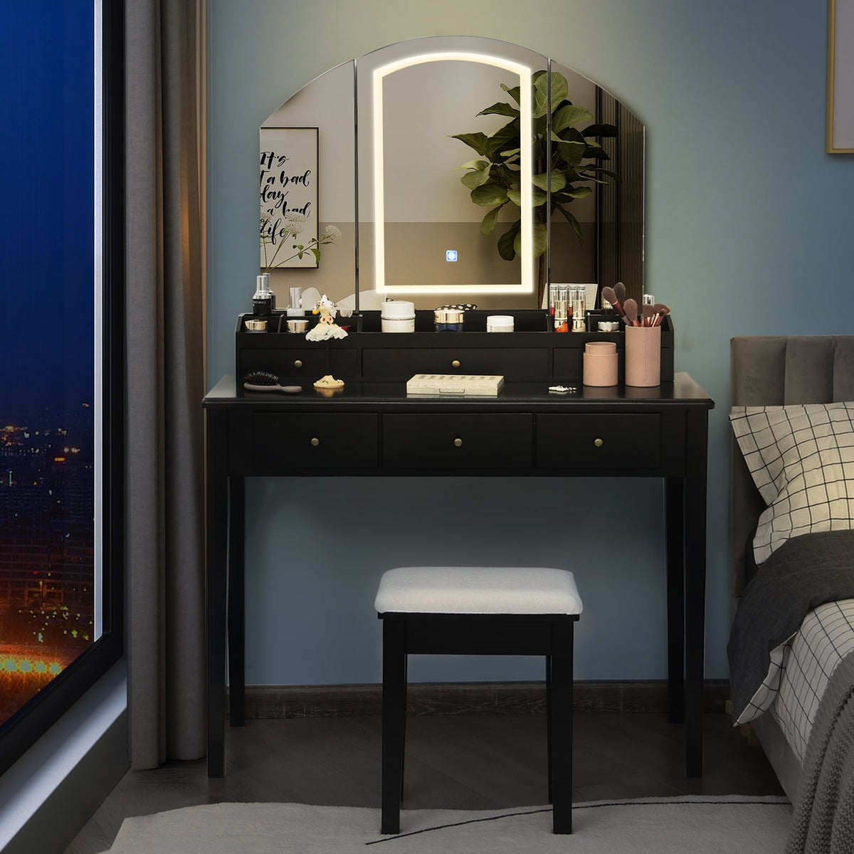 Vanity Table Stool Set with Large Tri-folding Lighted Mirror-Black-Makeup Vanities-DECOROLALA