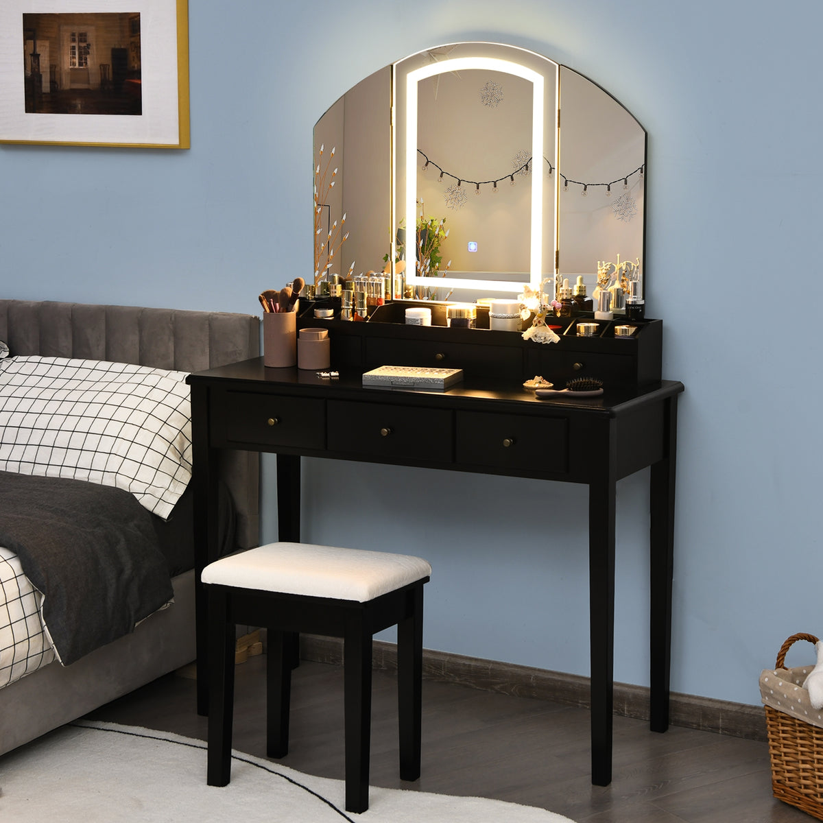 Vanity Table Stool Set with Large Tri-folding Lighted Mirror-Black-Makeup Vanities-DECOROLALA