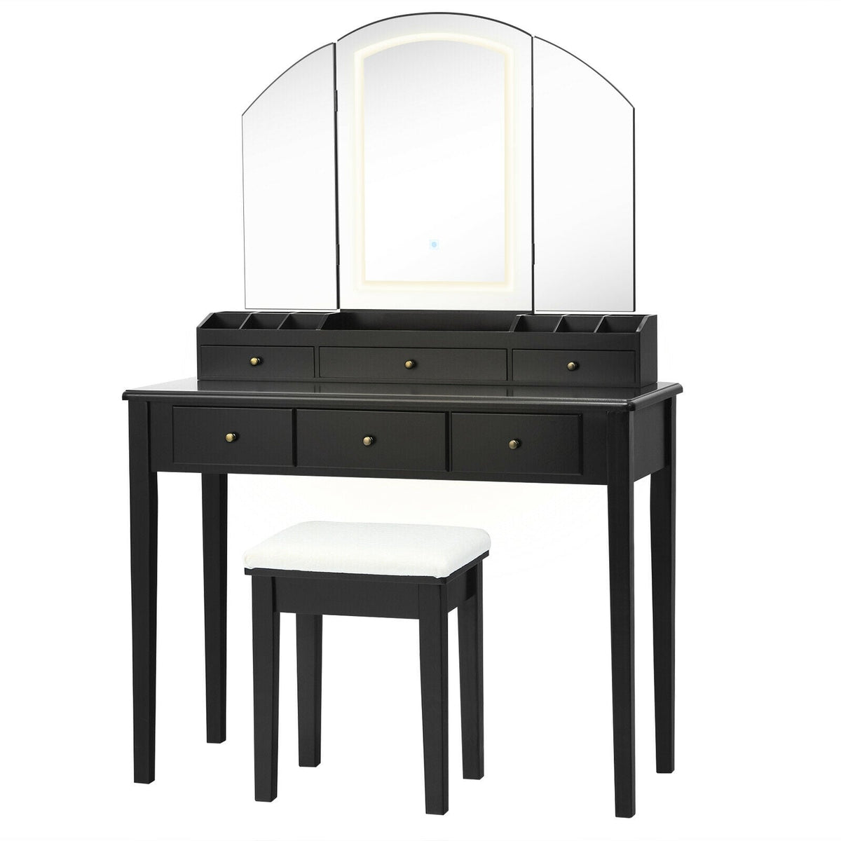 Vanity Table Stool Set with Large Tri-folding Lighted Mirror-Black-Makeup Vanities-DECOROLALA