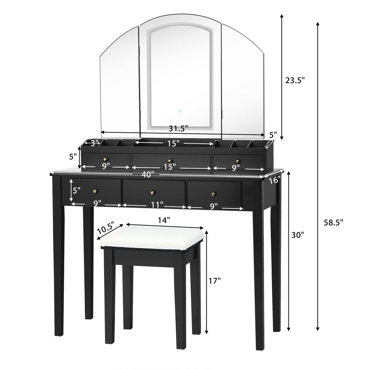 Vanity Table Stool Set with Large Tri-folding Lighted Mirror-Black-Makeup Vanities-DECOROLALA