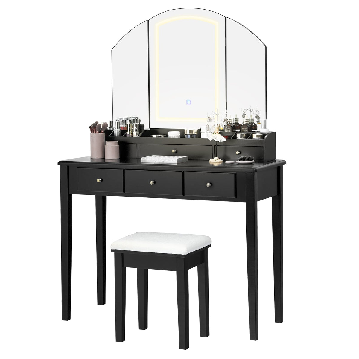 Vanity Table Stool Set with Large Tri-folding Lighted Mirror-Black-Makeup Vanities-DECOROLALA