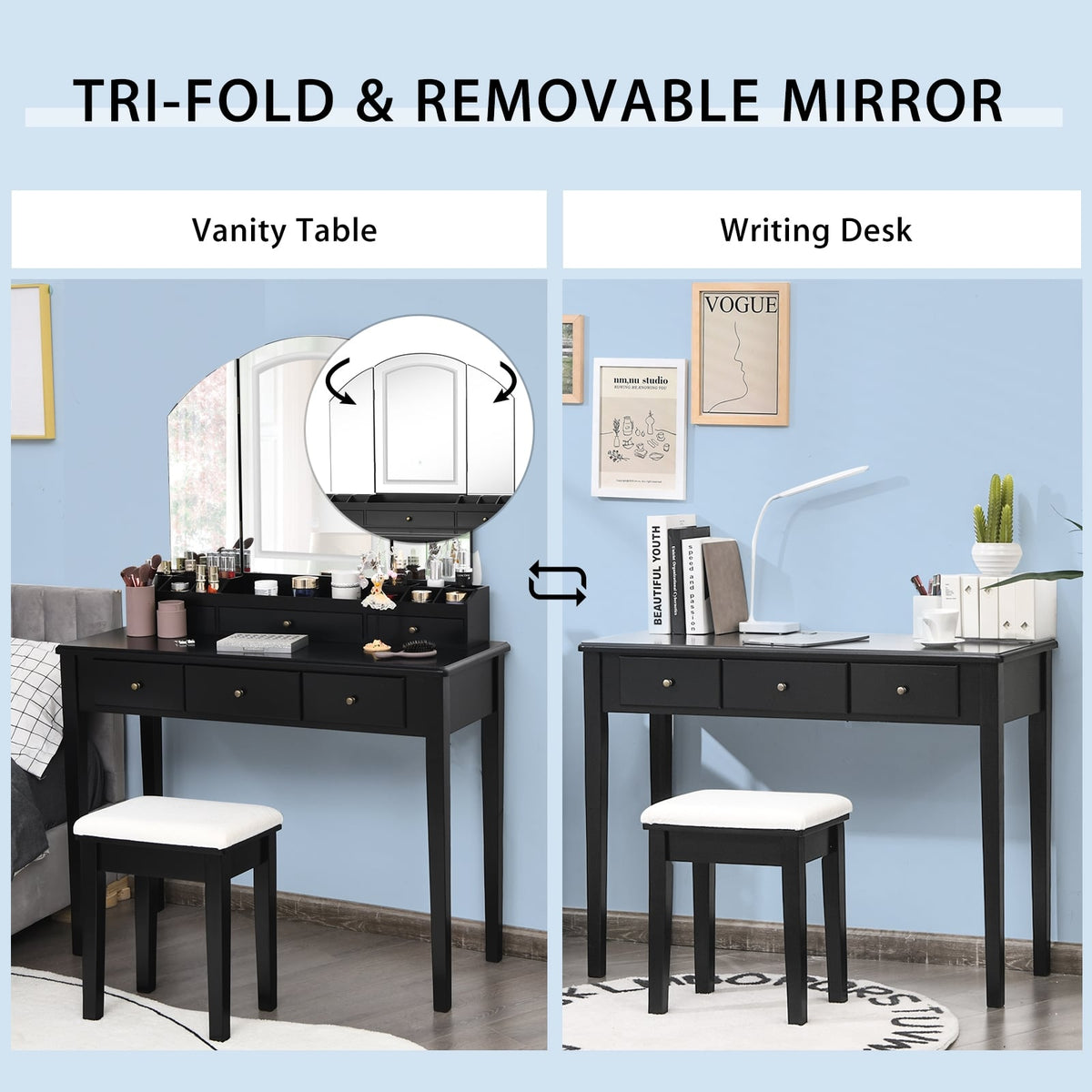 Vanity Table Stool Set with Large Tri-folding Lighted Mirror-Black-Makeup Vanities-DECOROLALA