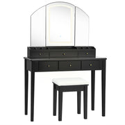 Vanity Table Stool Set with Large Tri-folding Lighted Mirror-Black-Makeup Vanities-DECOROLALA