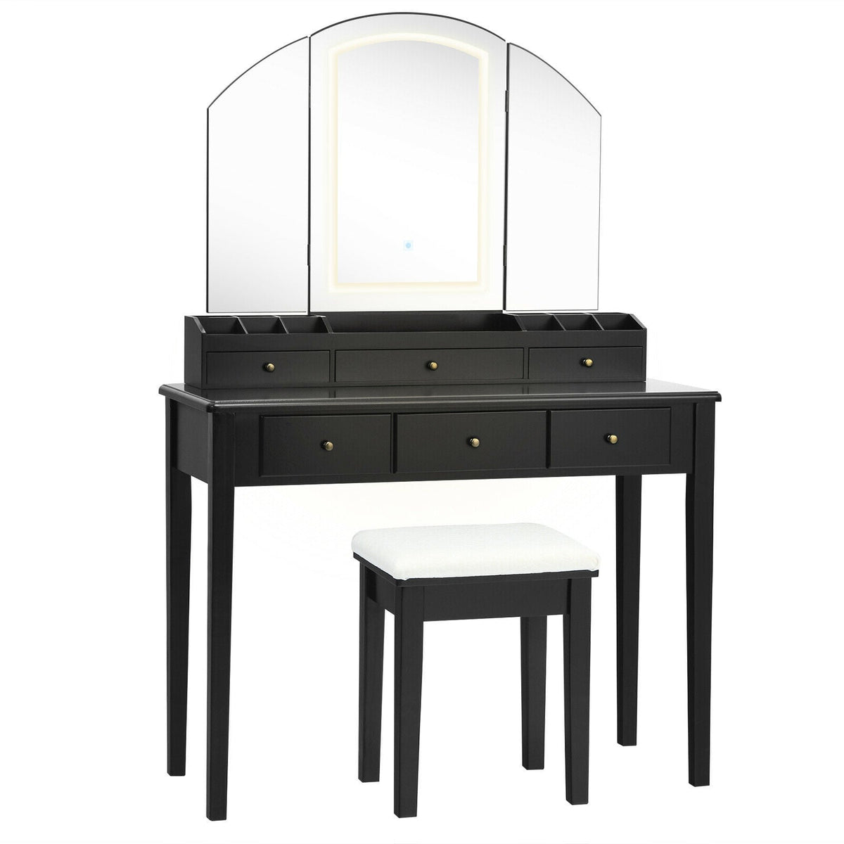 Vanity Table Stool Set with Large Tri-folding Lighted Mirror-Black-Makeup Vanities-DECOROLALA