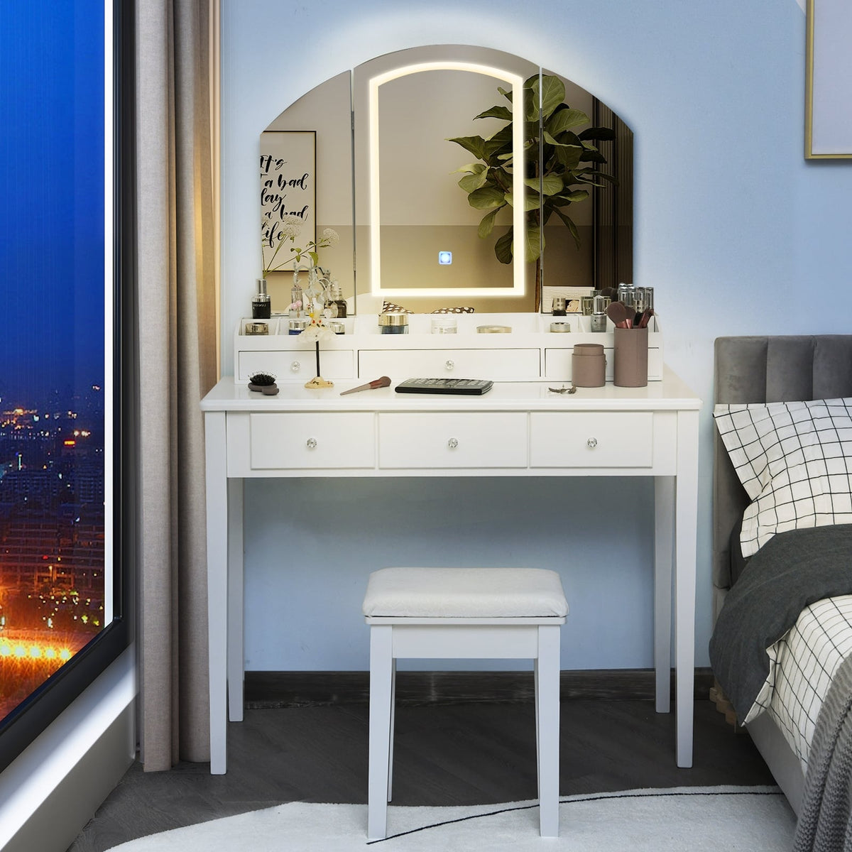 Vanity Table Stool Set with Large Tri-folding Lighted Mirror-White-Makeup Vanities-DECOROLALA