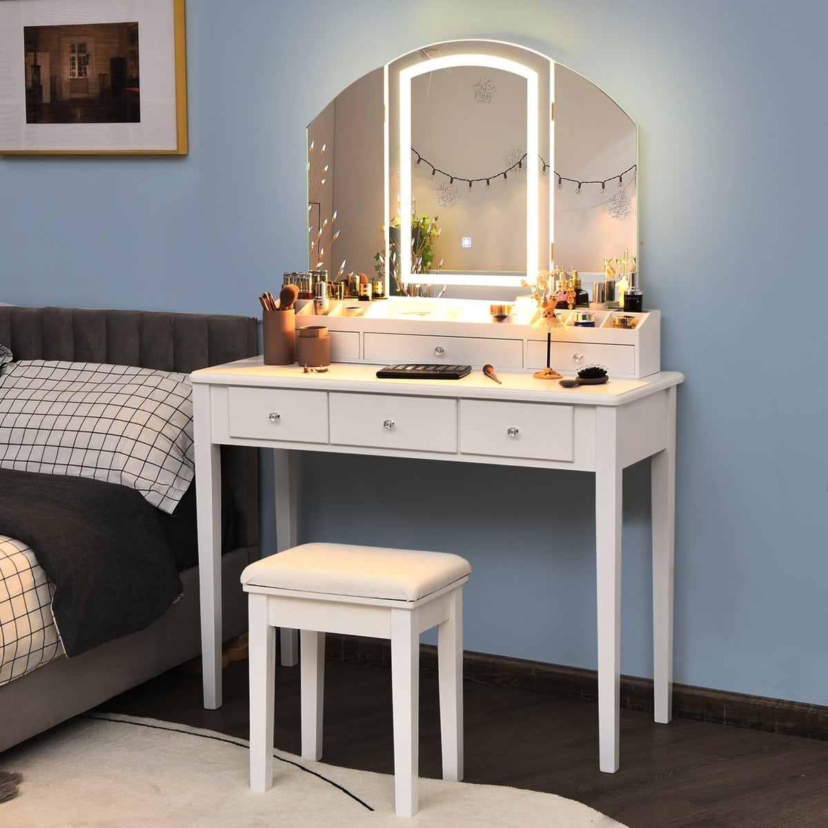 Vanity Table Stool Set with Large Tri-folding Lighted Mirror-White-Makeup Vanities-DECOROLALA