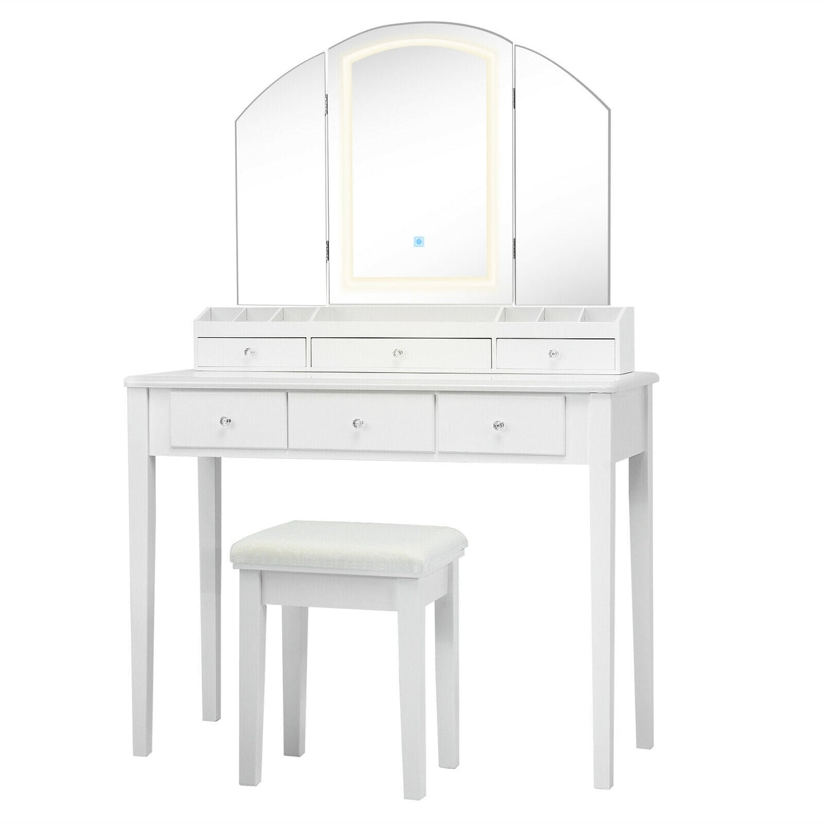 Vanity Table Stool Set with Large Tri-folding Lighted Mirror-White-Makeup Vanities-DECOROLALA
