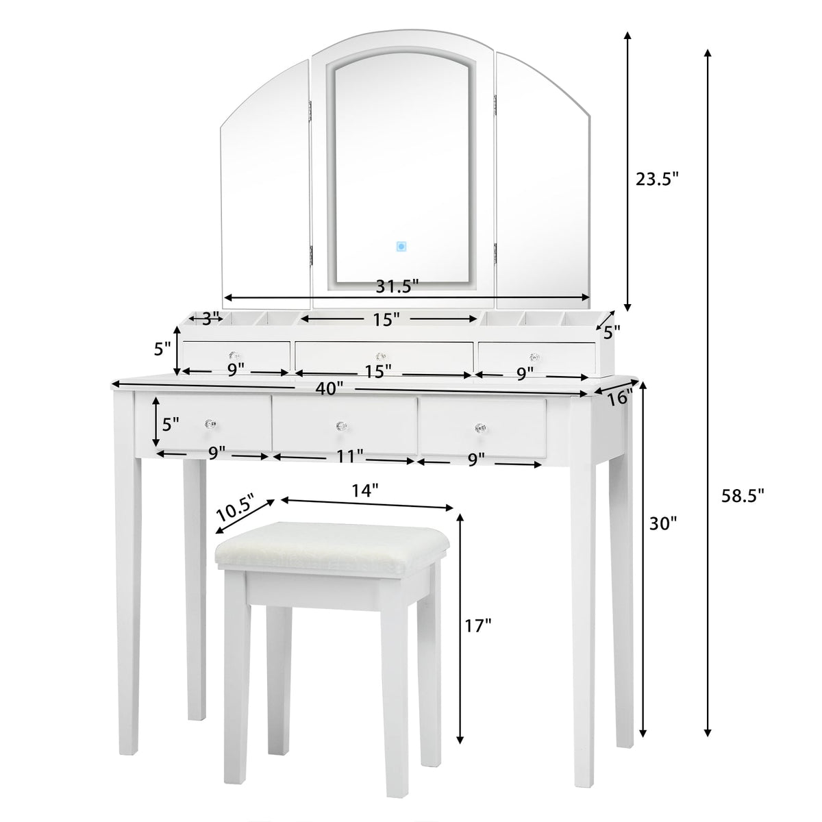 Vanity Table Stool Set with Large Tri-folding Lighted Mirror-White-Makeup Vanities-DECOROLALA