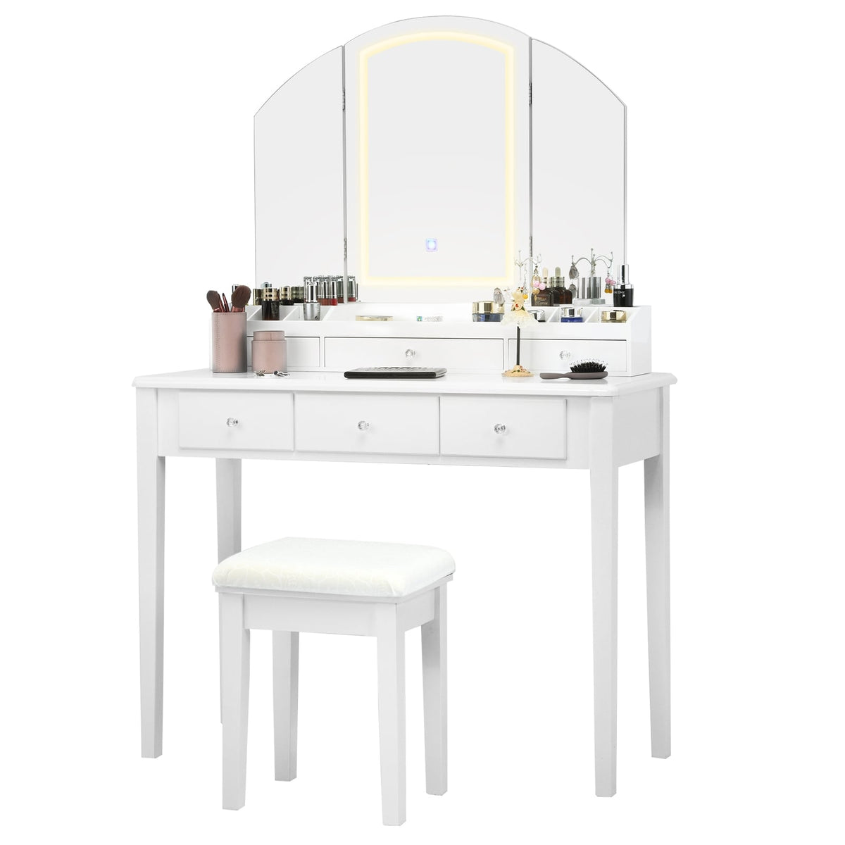 Vanity Table Stool Set with Large Tri-folding Lighted Mirror-White-Makeup Vanities-DECOROLALA