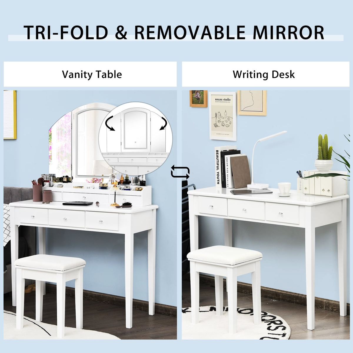 Vanity Table Stool Set with Large Tri-folding Lighted Mirror-White-Makeup Vanities-DECOROLALA