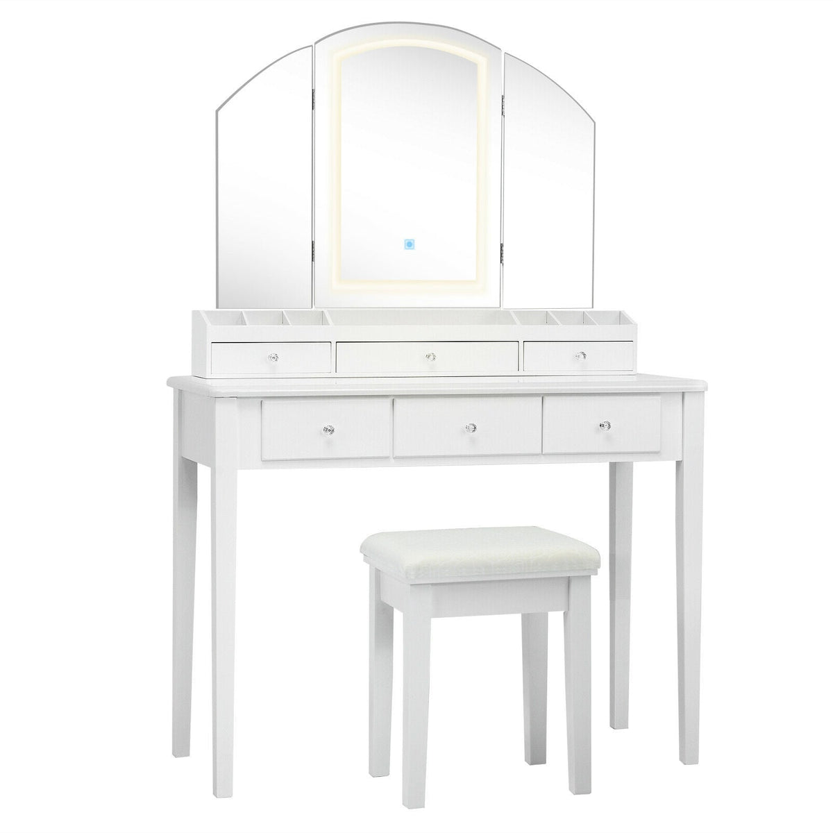 Vanity Table Stool Set with Large Tri-folding Lighted Mirror-White-Makeup Vanities-DECOROLALA