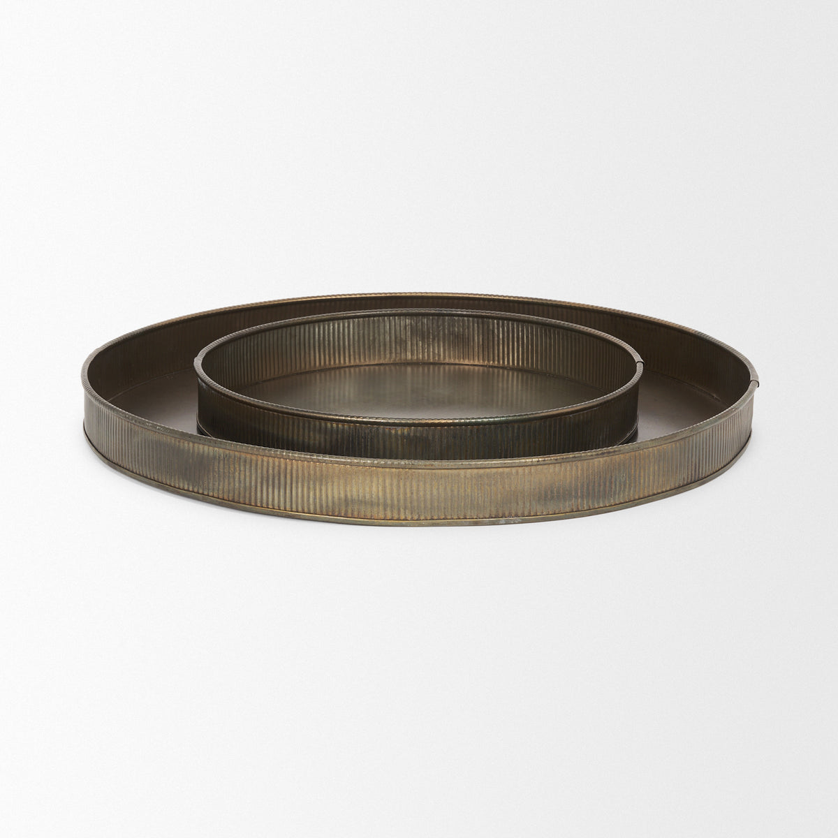 Varun Round Antiqued Brass Metal Tray (Set of 2)-Trays-DECOROLALA