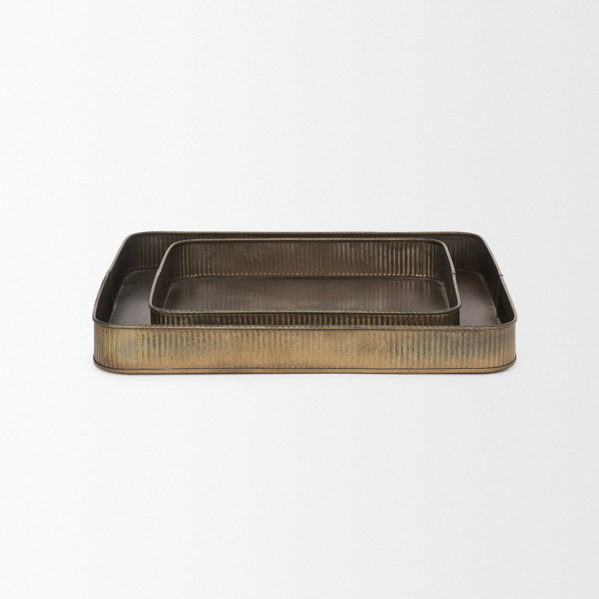 Varun Square Antiqued Brass Metal Tray (Set of 2)-Trays-DECOROLALA