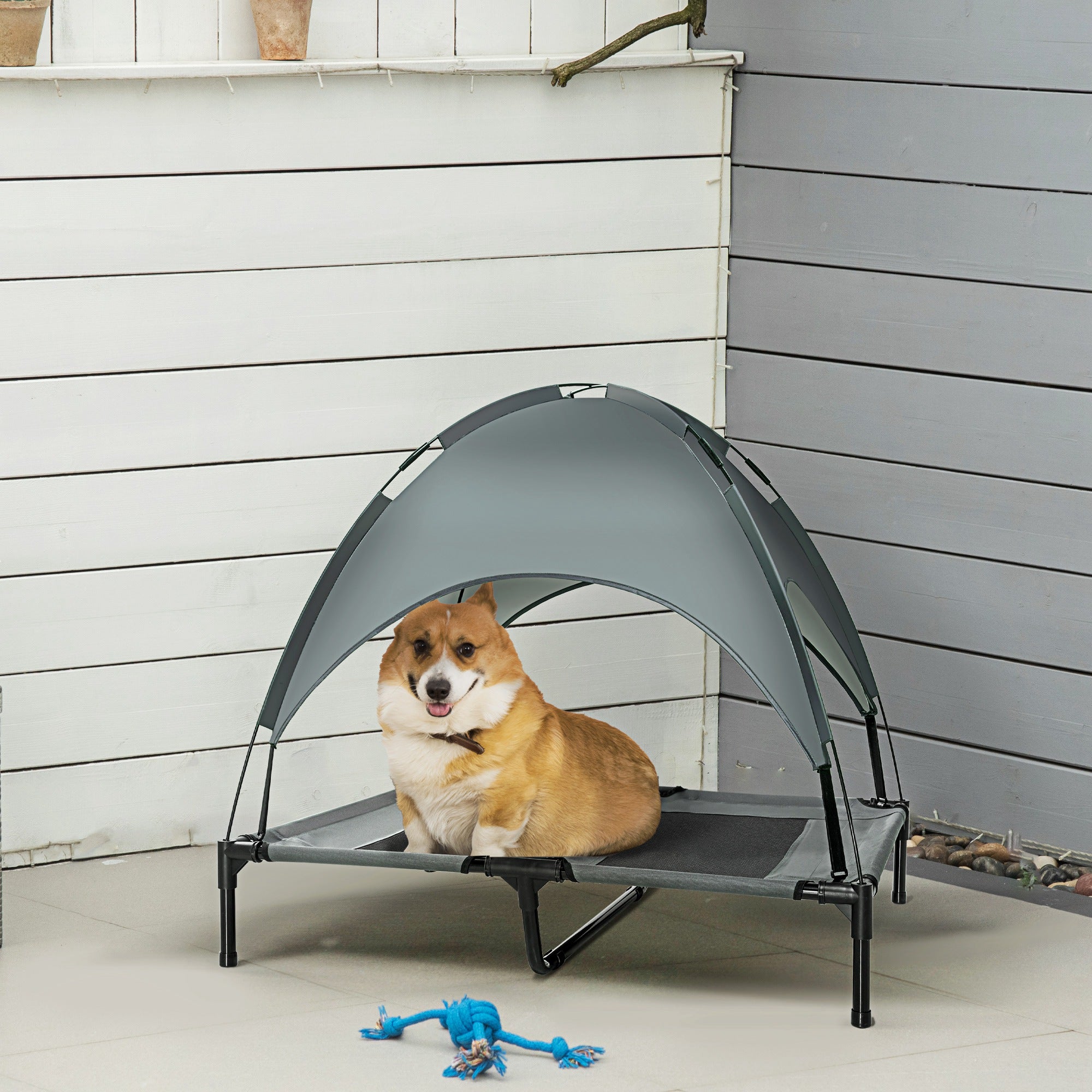 Grand lit surélevé pour chien 6.2" L X 29.9" W 36.2" H, pliable, avec auvent, pour chat et chien, adapté à l’extérieur, avec sac de transport, gris