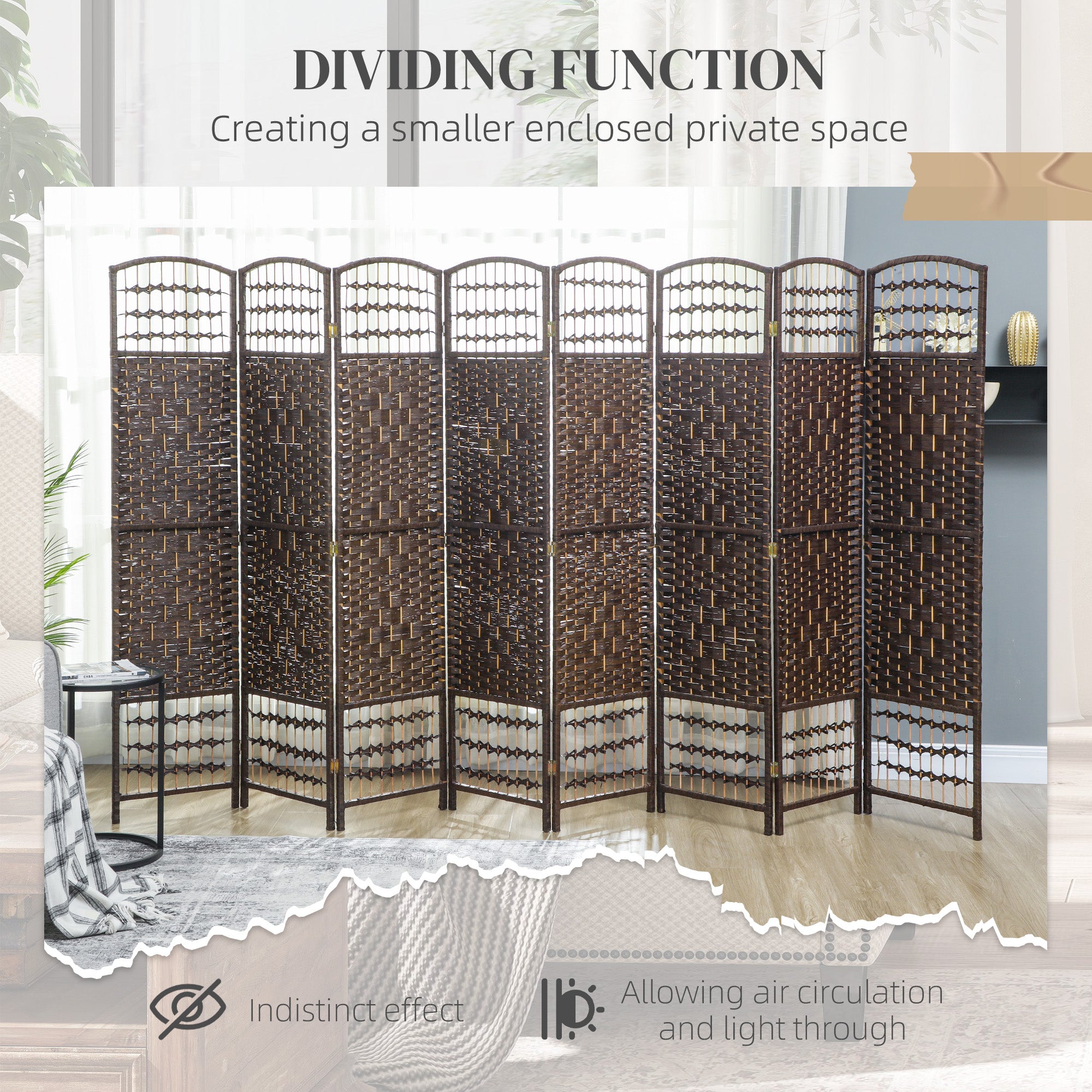 8 Panel Folding Room Divider, Portable Privacy Screen, Wave Fiber Room Partition for Home Office, Brown