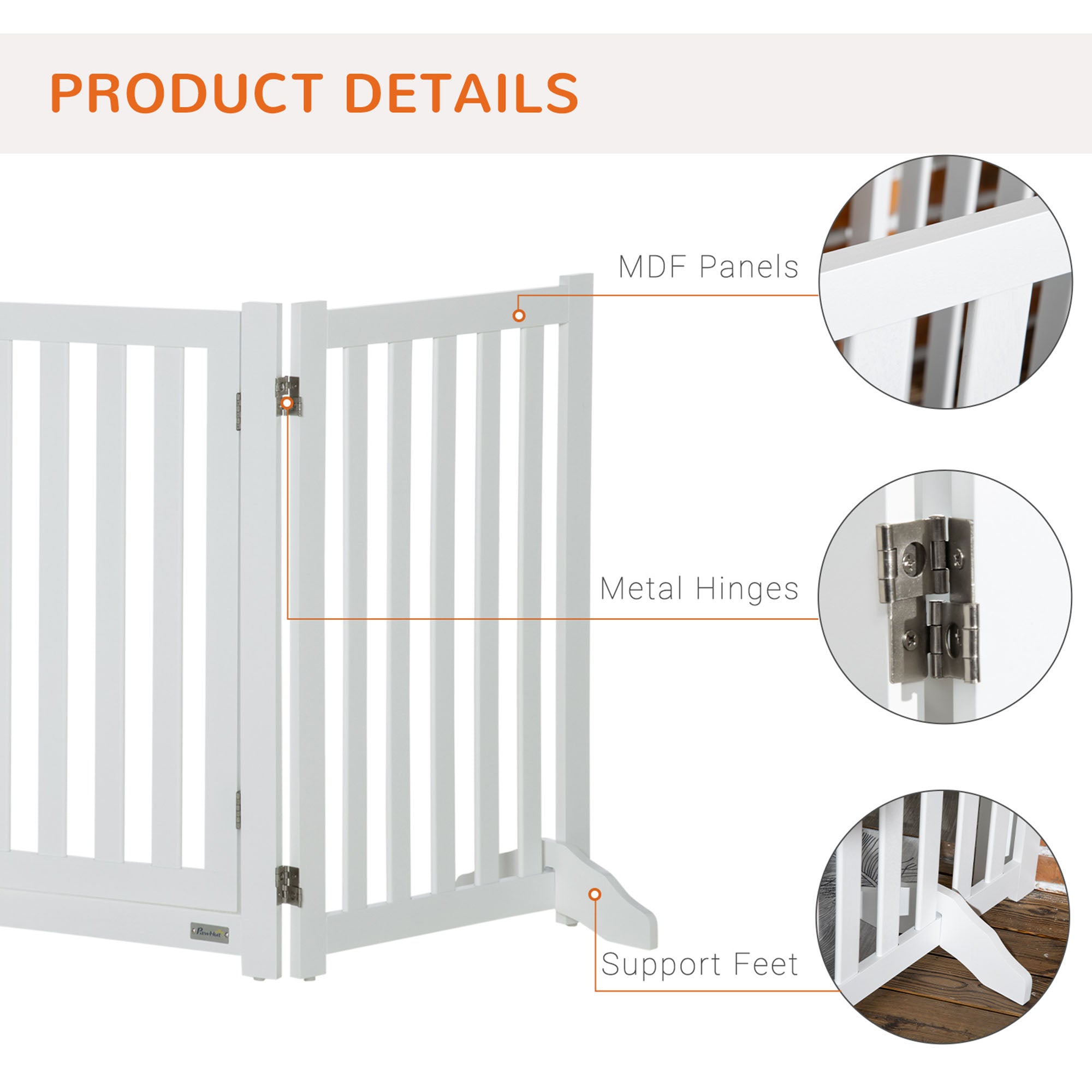 Barrière pliable pour chiens de 31.5"H avec porte, 3 panneaux, barrière pour animaux de compagnie autoportante avec pieds de support, clôture pour chiots adaptée à l’intérieur, pour petits et moyens chiens, blanche