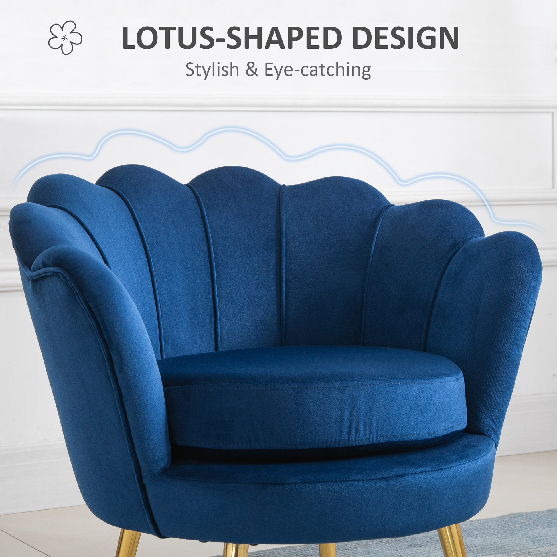 Velvet Accent Chair - Blue Lotus Design with Gold Legs-DECOROLALA