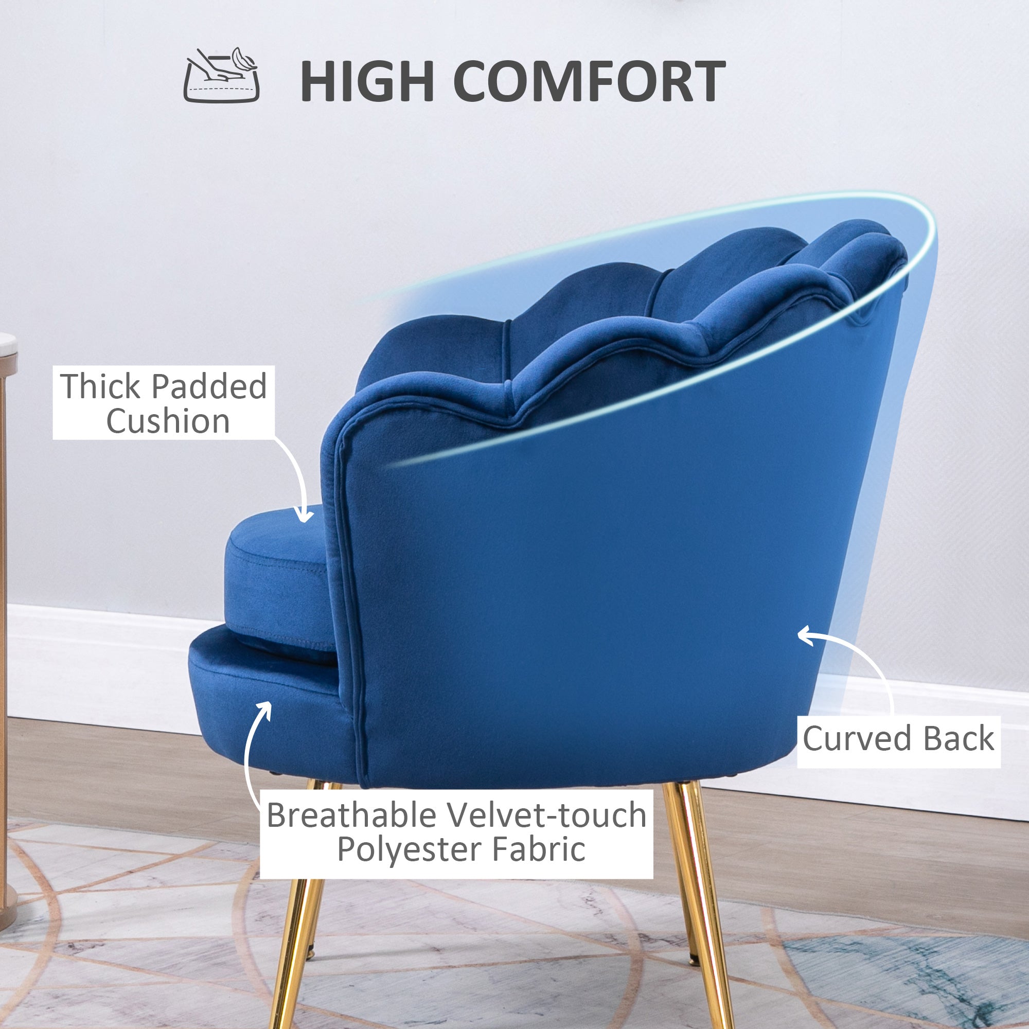 Velvet Accent Chair - Blue Lotus Design with Gold Legs-DECOROLALA