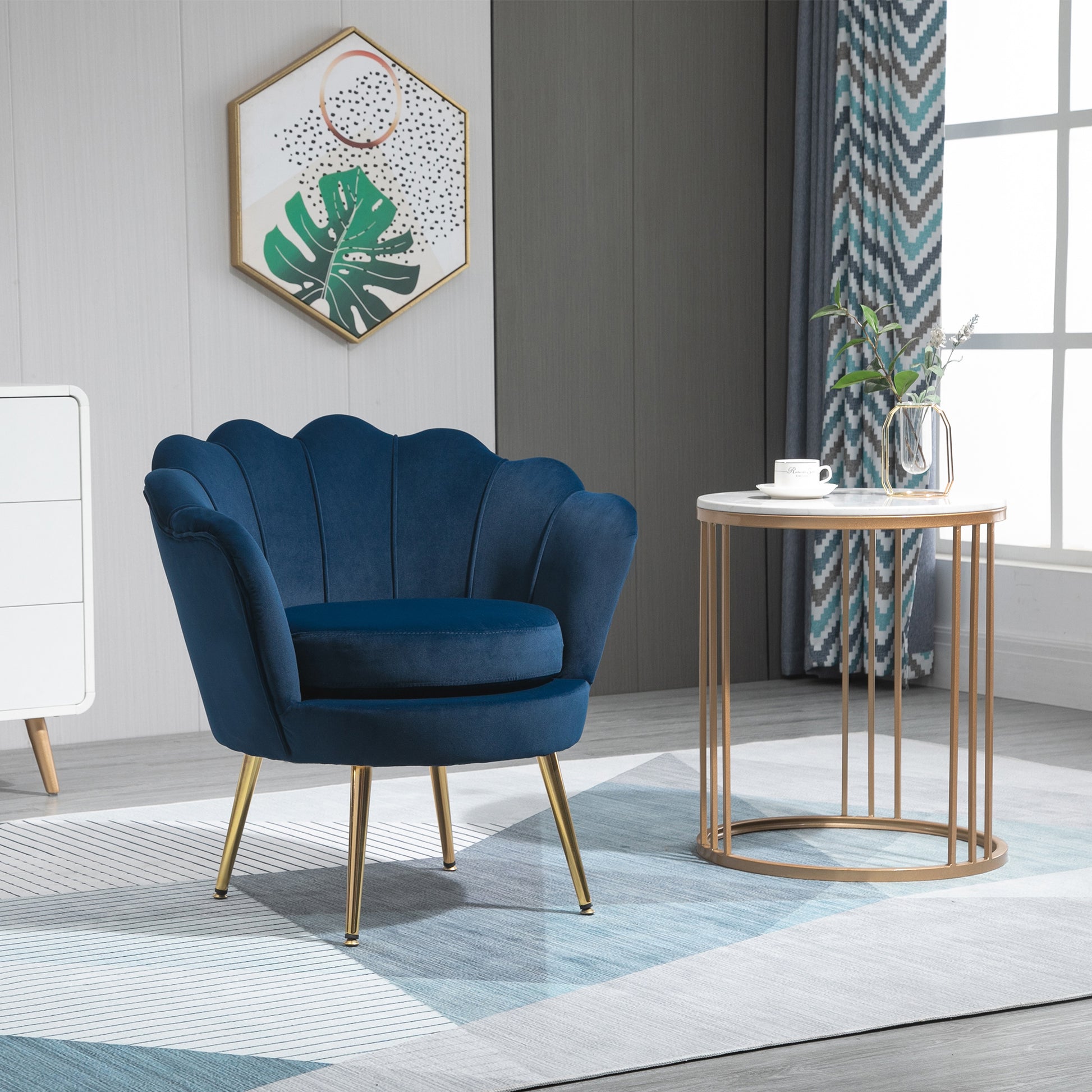 Velvet Accent Chair - Blue Lotus Design with Gold Legs-DECOROLALA