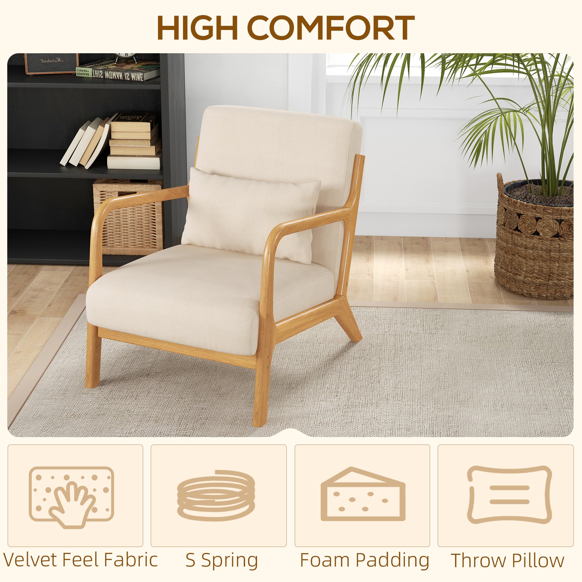 Velvet Accent Chair with Wood Legs - Beige Armchair-DECOROLALA