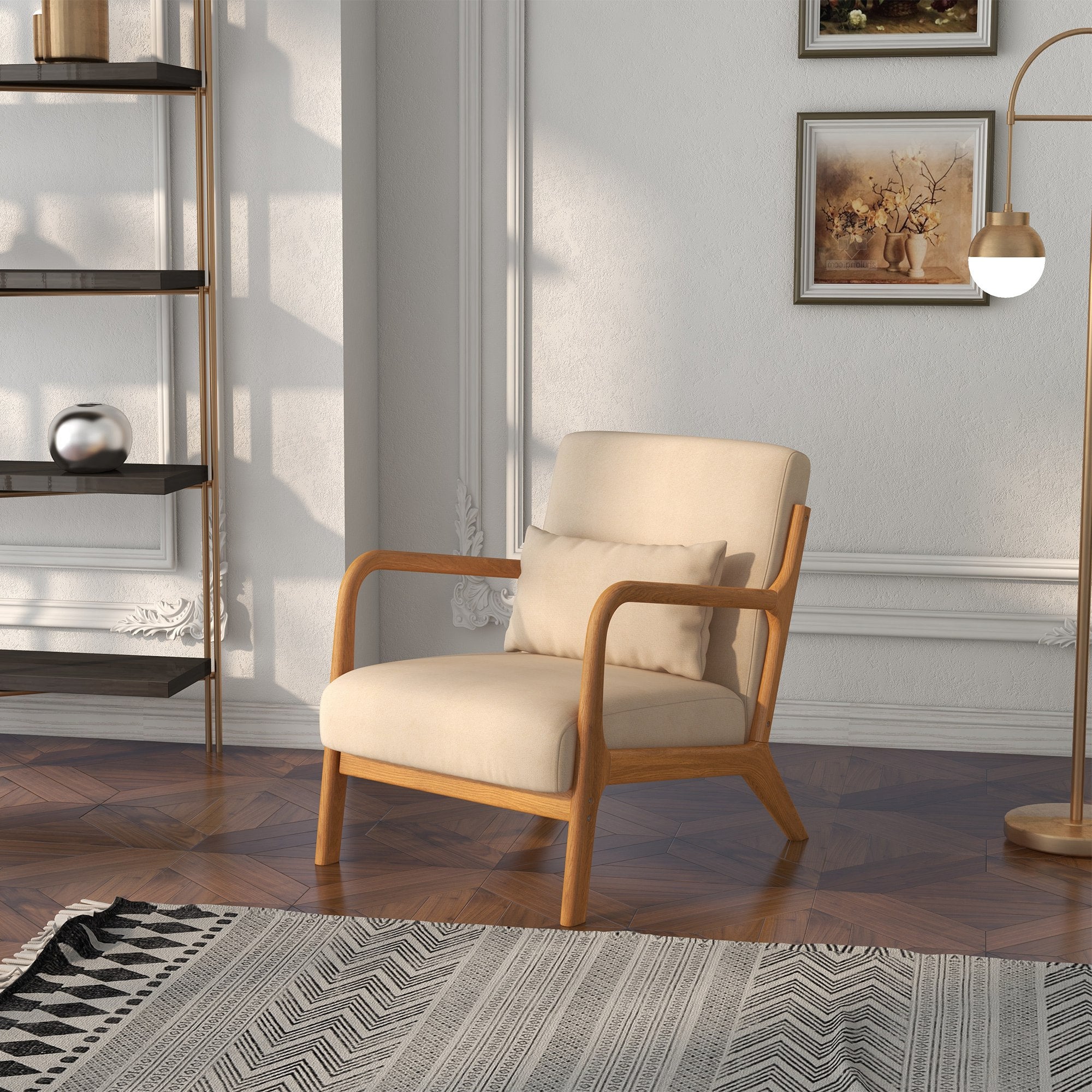 Velvet Accent Chair with Wood Legs - Beige Armchair-DECOROLALA