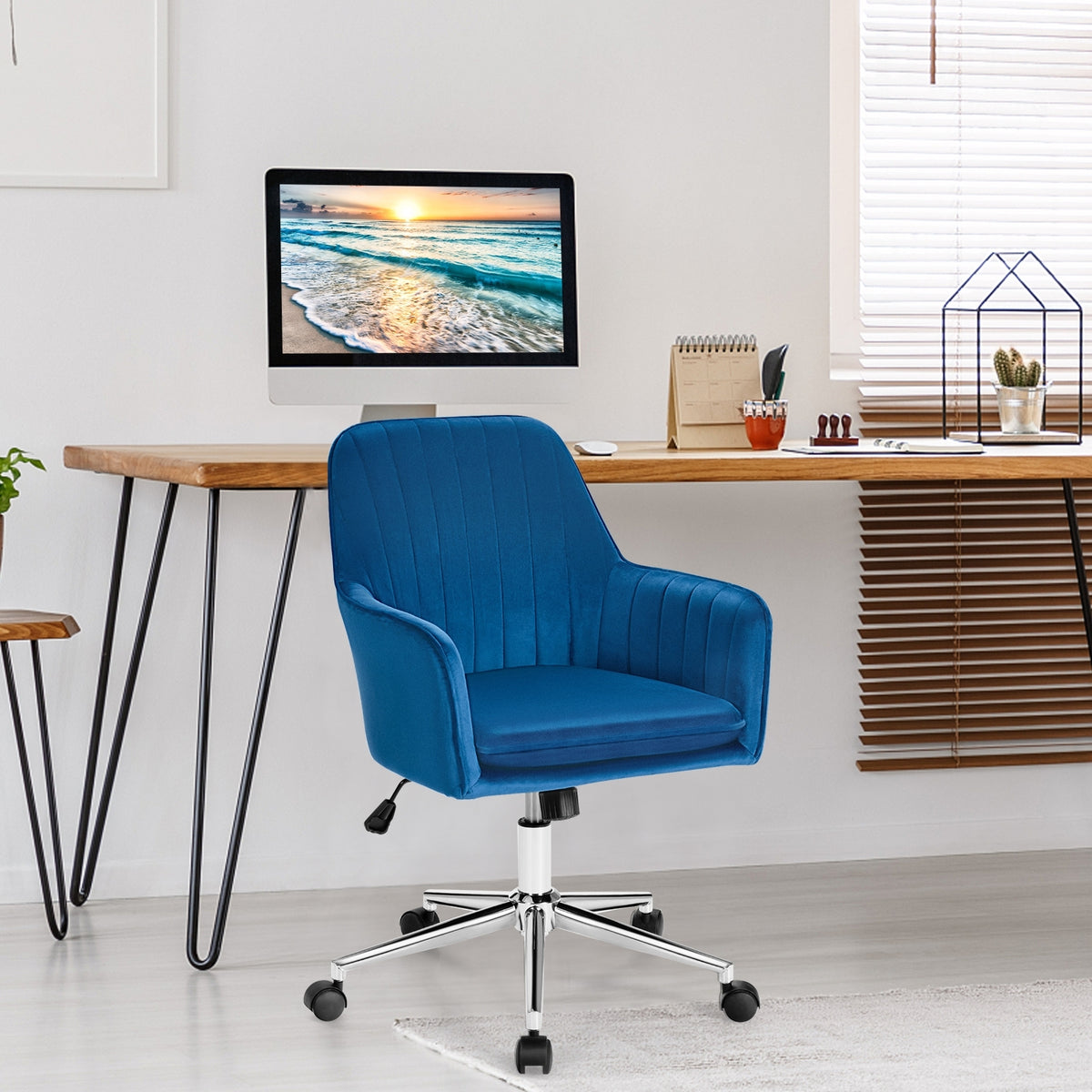 Velvet Accent Office Armchair with Adjustable Swivel and Removable Cushion-Blue-Office Leisure Chairs-DECOROLALA