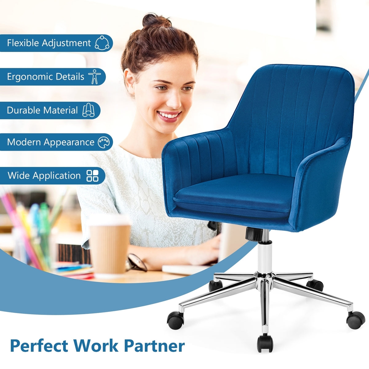 Velvet Accent Office Armchair with Adjustable Swivel and Removable Cushion-Blue-Office Leisure Chairs-DECOROLALA