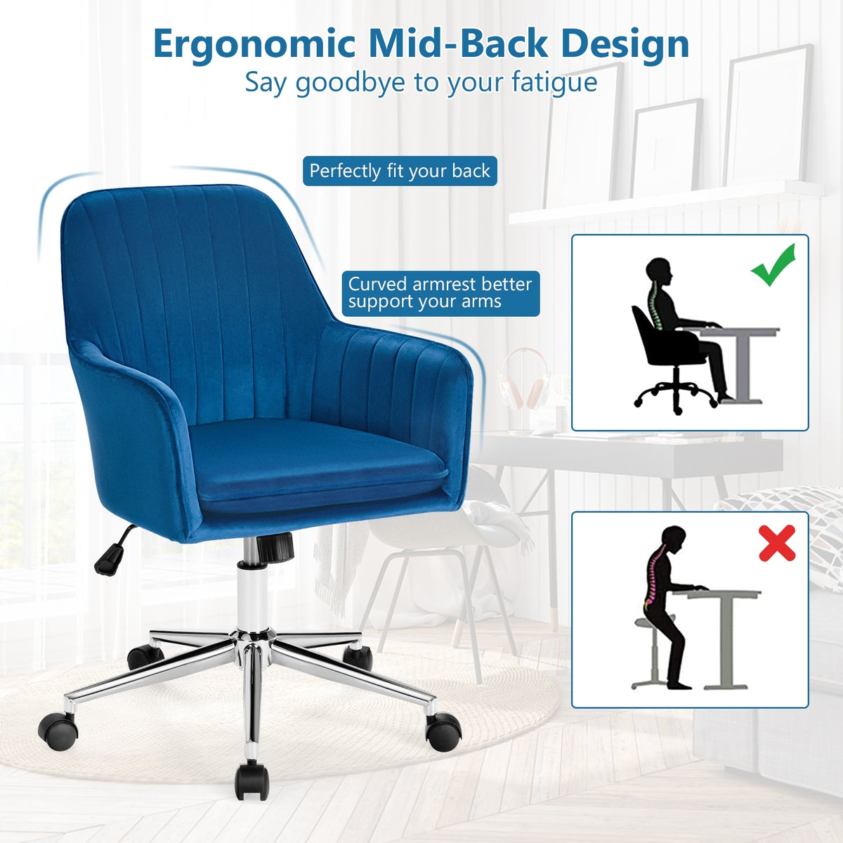 Velvet Accent Office Armchair with Adjustable Swivel and Removable Cushion-Blue-Office Leisure Chairs-DECOROLALA