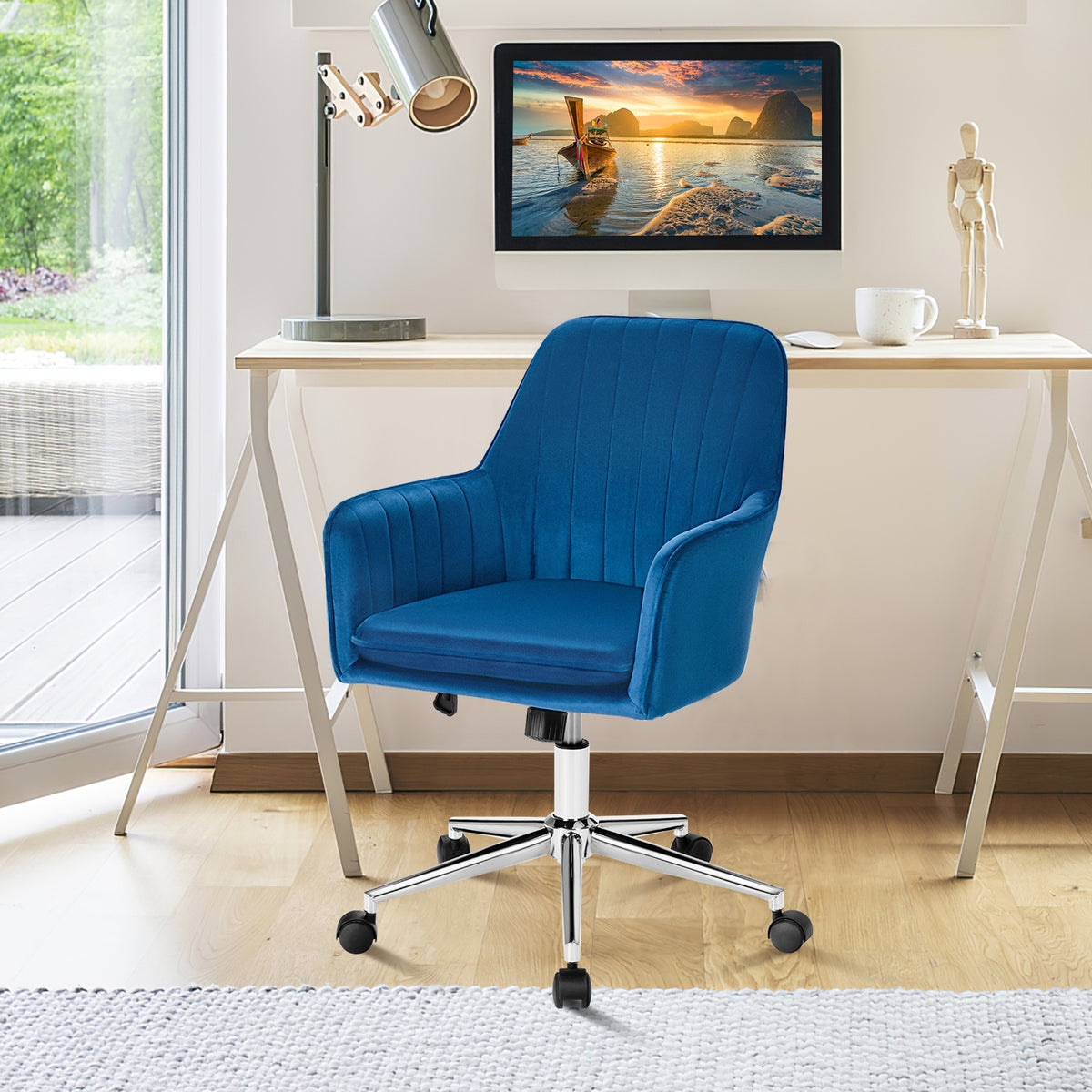 Velvet Accent Office Armchair with Adjustable Swivel and Removable Cushion-Blue-Office Leisure Chairs-DECOROLALA