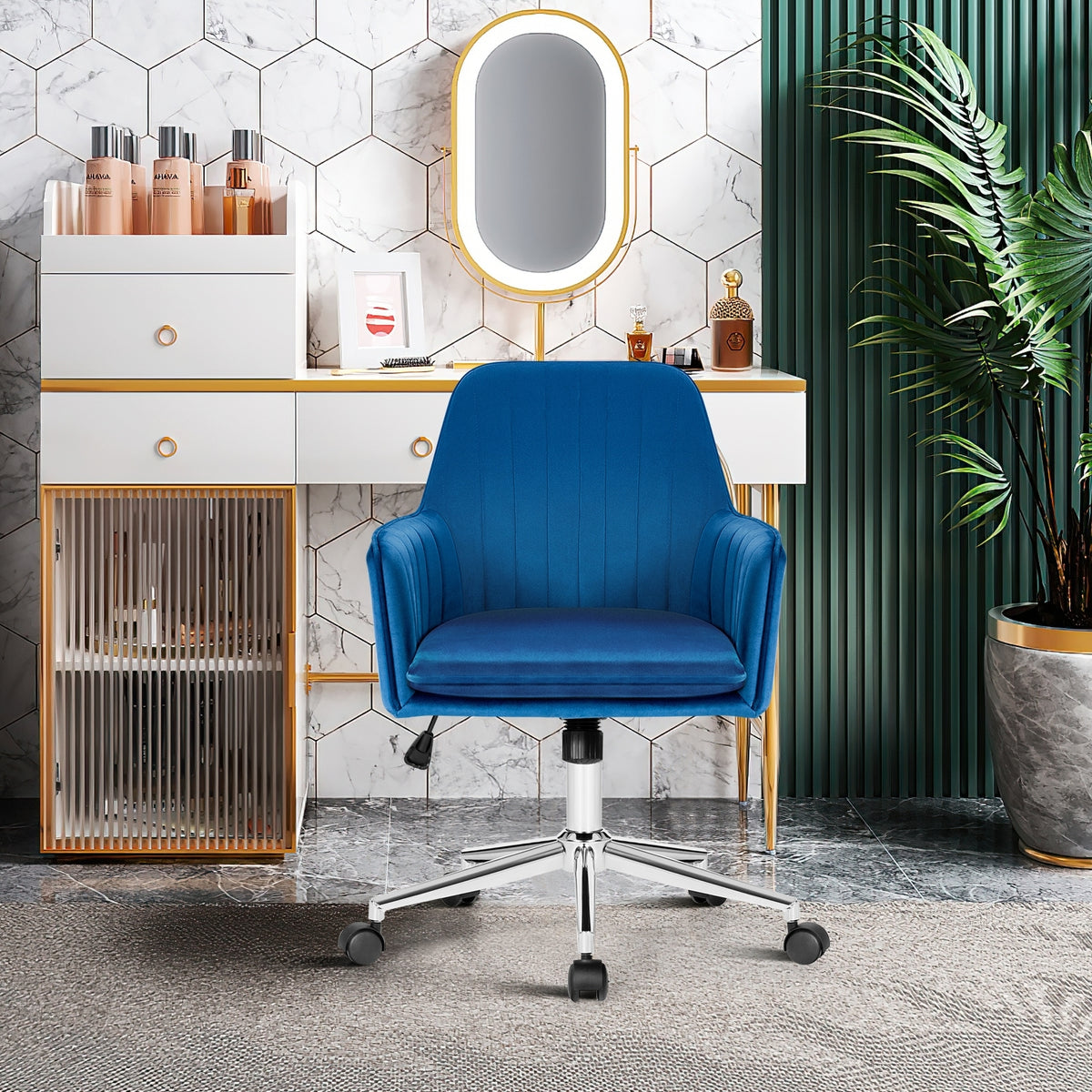 Velvet Accent Office Armchair with Adjustable Swivel and Removable Cushion-Blue-Office Leisure Chairs-DECOROLALA
