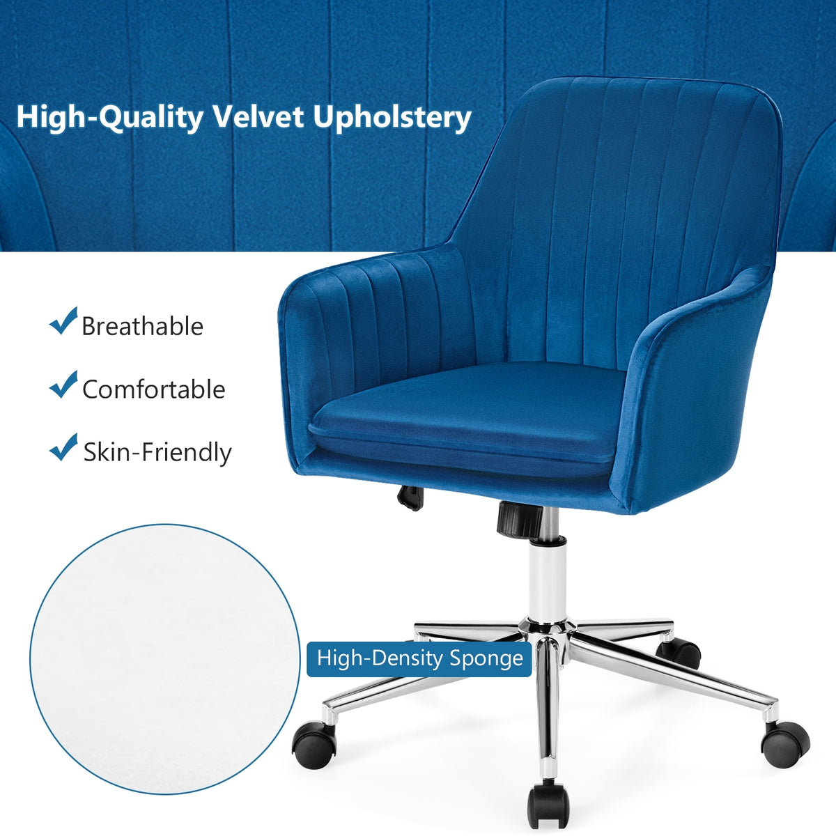 Velvet Accent Office Armchair with Adjustable Swivel and Removable Cushion-Blue-Office Leisure Chairs-DECOROLALA