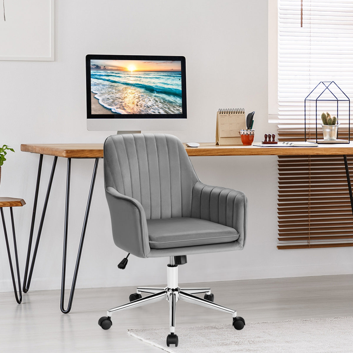 Velvet Accent Office Armchair with Adjustable Swivel and Removable Cushion-Gray-Office Leisure Chairs-DECOROLALA