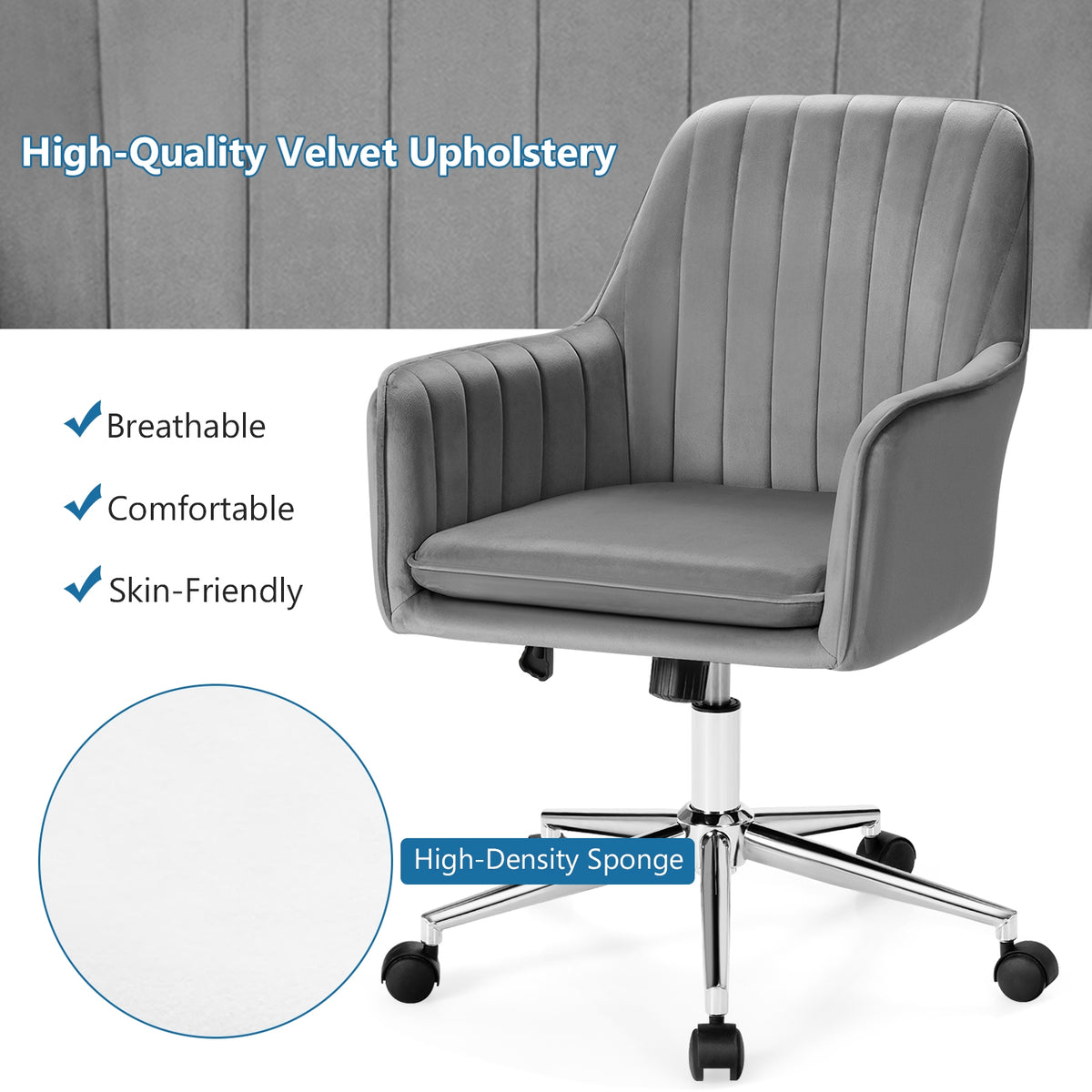 Velvet Accent Office Armchair with Adjustable Swivel and Removable Cushion-Gray-Office Leisure Chairs-DECOROLALA