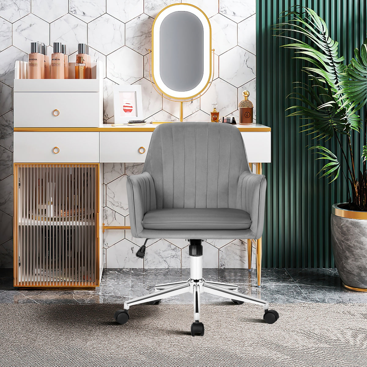 Velvet Accent Office Armchair with Adjustable Swivel and Removable Cushion-Gray-Office Leisure Chairs-DECOROLALA