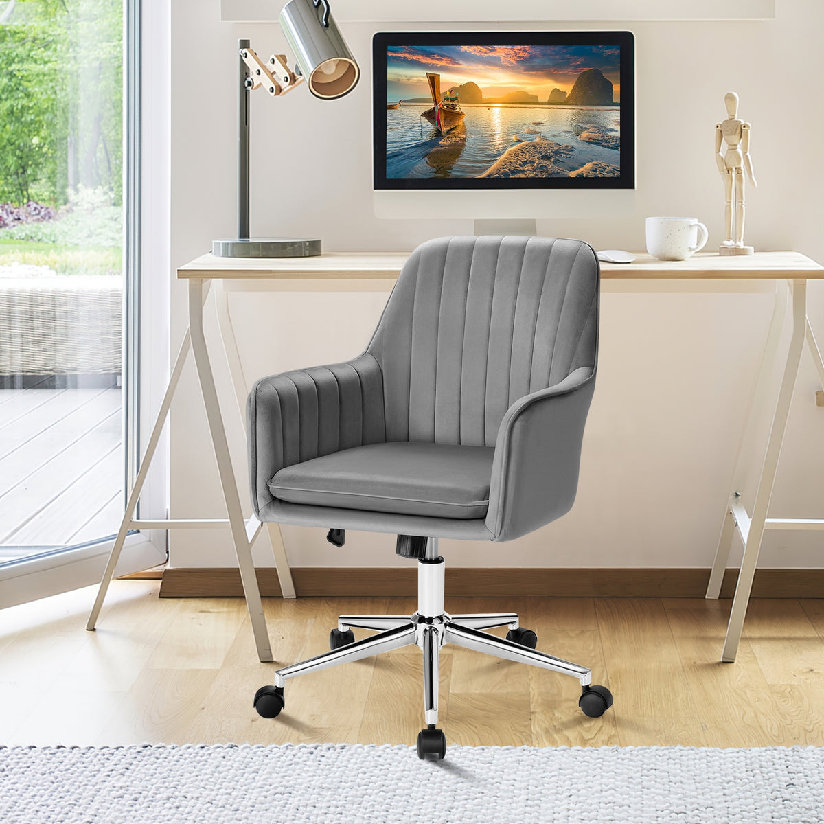 Velvet Accent Office Armchair with Adjustable Swivel and Removable Cushion-Gray-Office Leisure Chairs-DECOROLALA