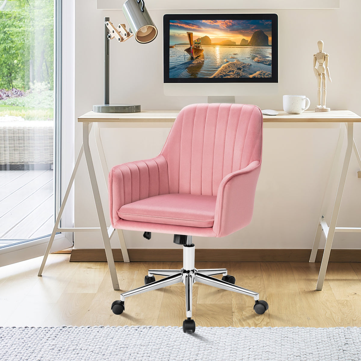 Velvet Accent Office Armchair with Adjustable Swivel and Removable Cushion-Pink-Office Leisure Chairs-DECOROLALA