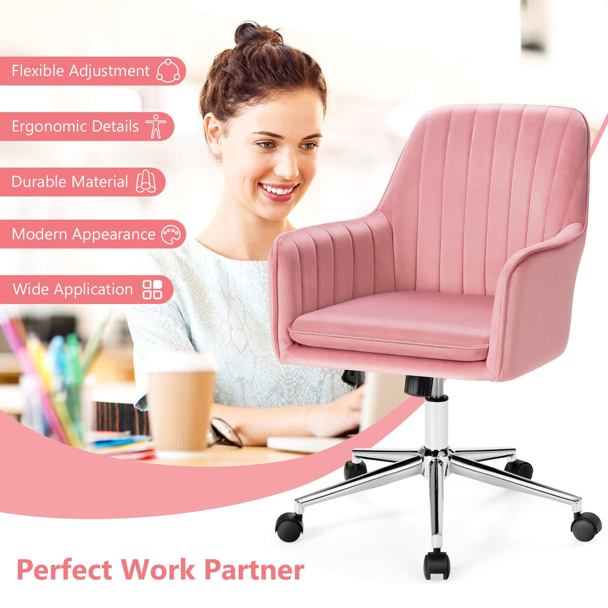 Velvet Accent Office Armchair with Adjustable Swivel and Removable Cushion-Pink-Office Leisure Chairs-DECOROLALA