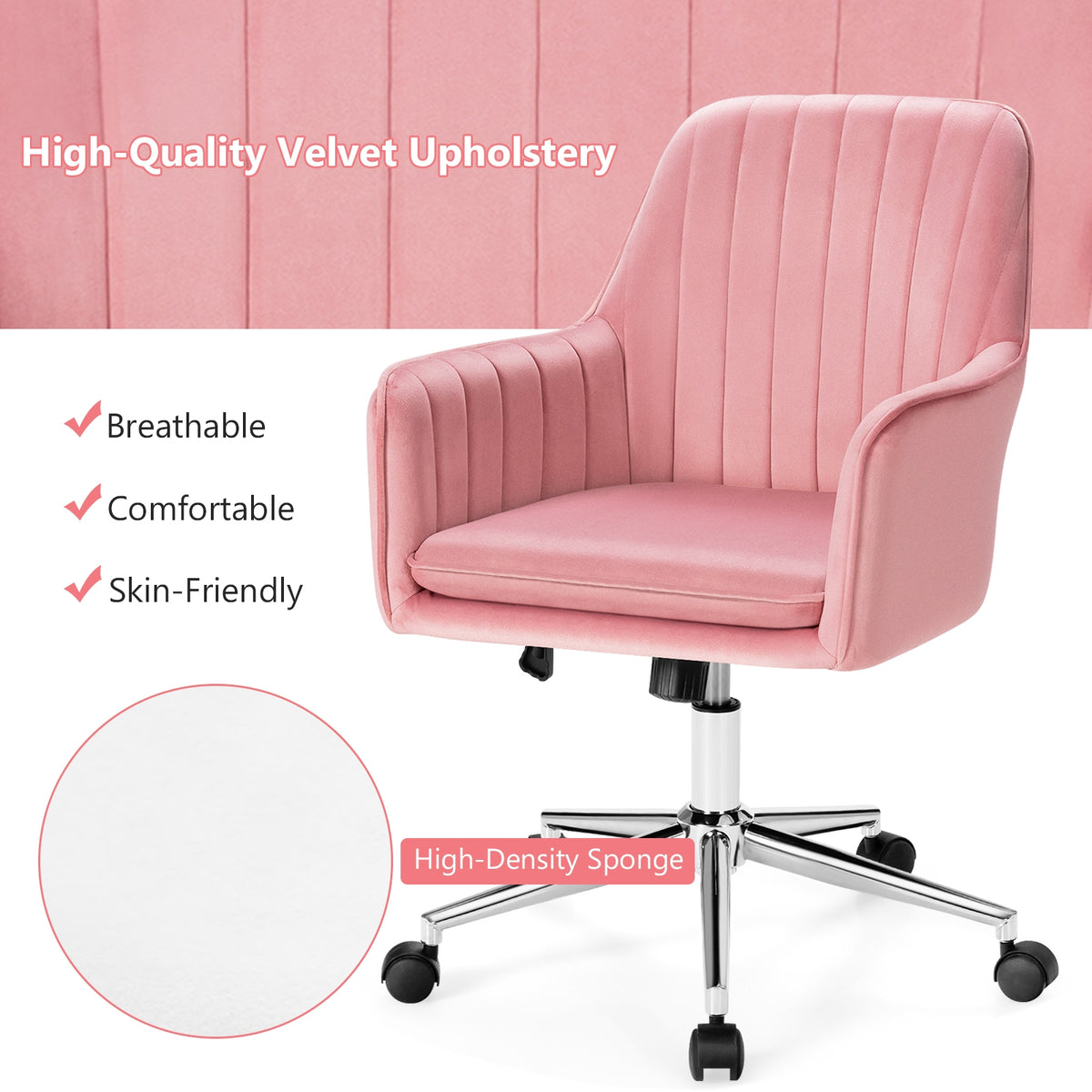 Velvet Accent Office Armchair with Adjustable Swivel and Removable Cushion-Pink-Office Leisure Chairs-DECOROLALA