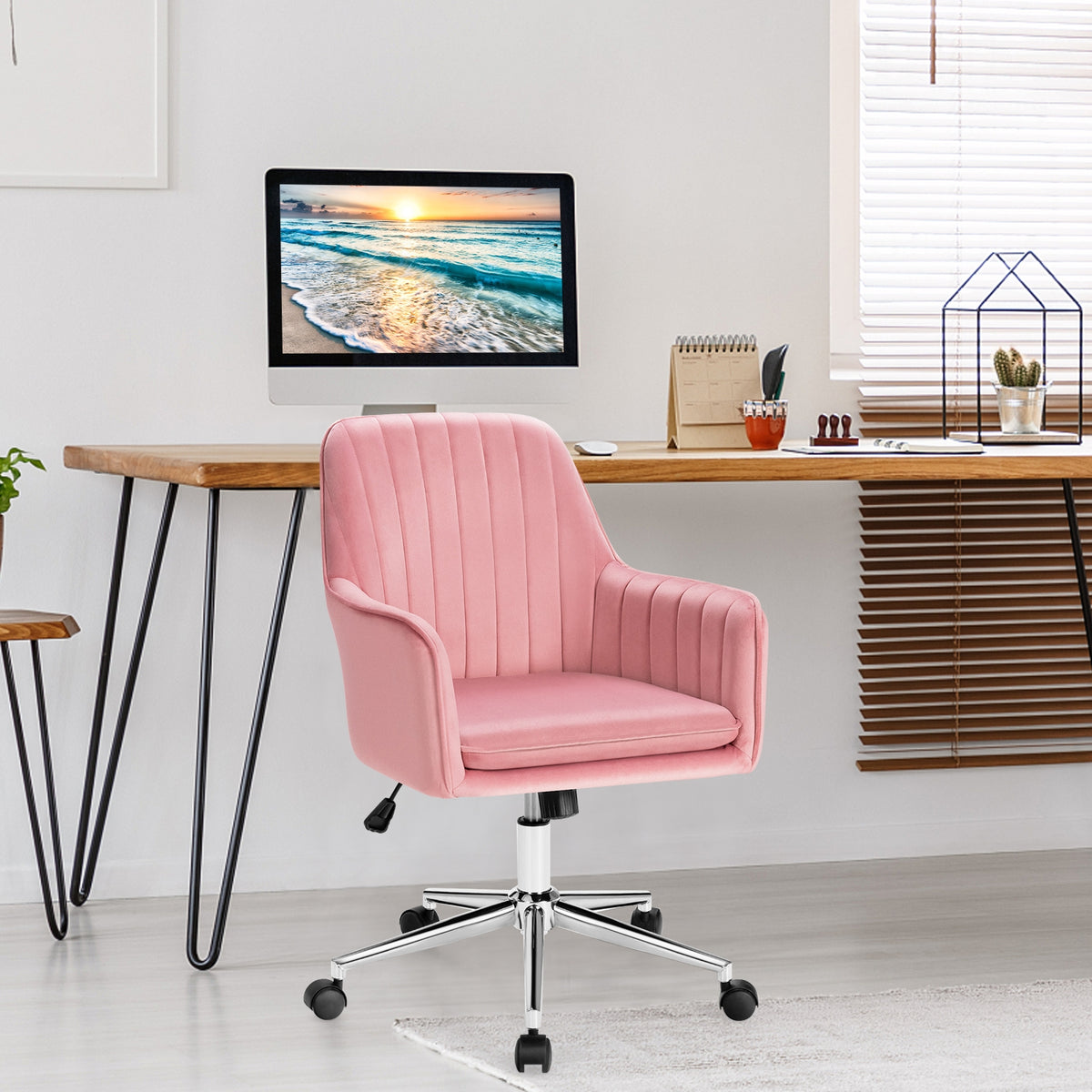 Velvet Accent Office Armchair with Adjustable Swivel and Removable Cushion-Pink-Office Leisure Chairs-DECOROLALA
