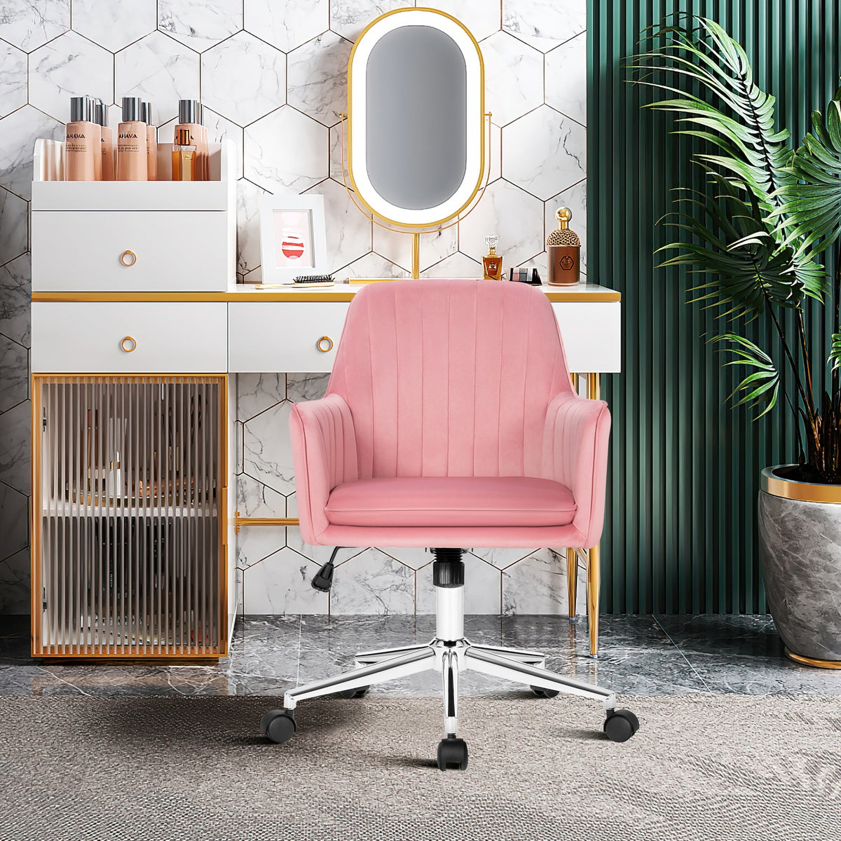 Velvet Accent Office Armchair with Adjustable Swivel and Removable Cushion-Pink-Office Leisure Chairs-DECOROLALA
