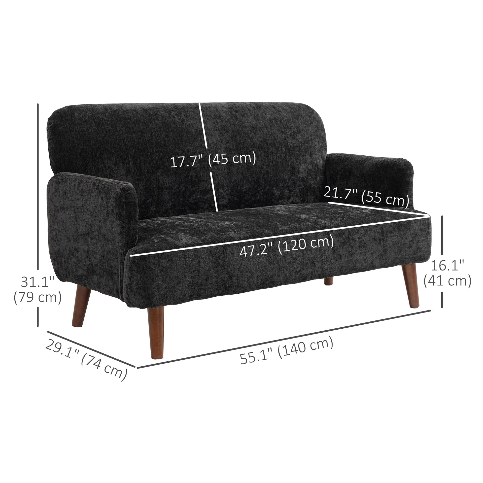 Velvet Fabric 2 Seater Sofa, 8.3" Thick Padding, Wood Legs, Black Loveseat (65 characters)-DECOROLALA