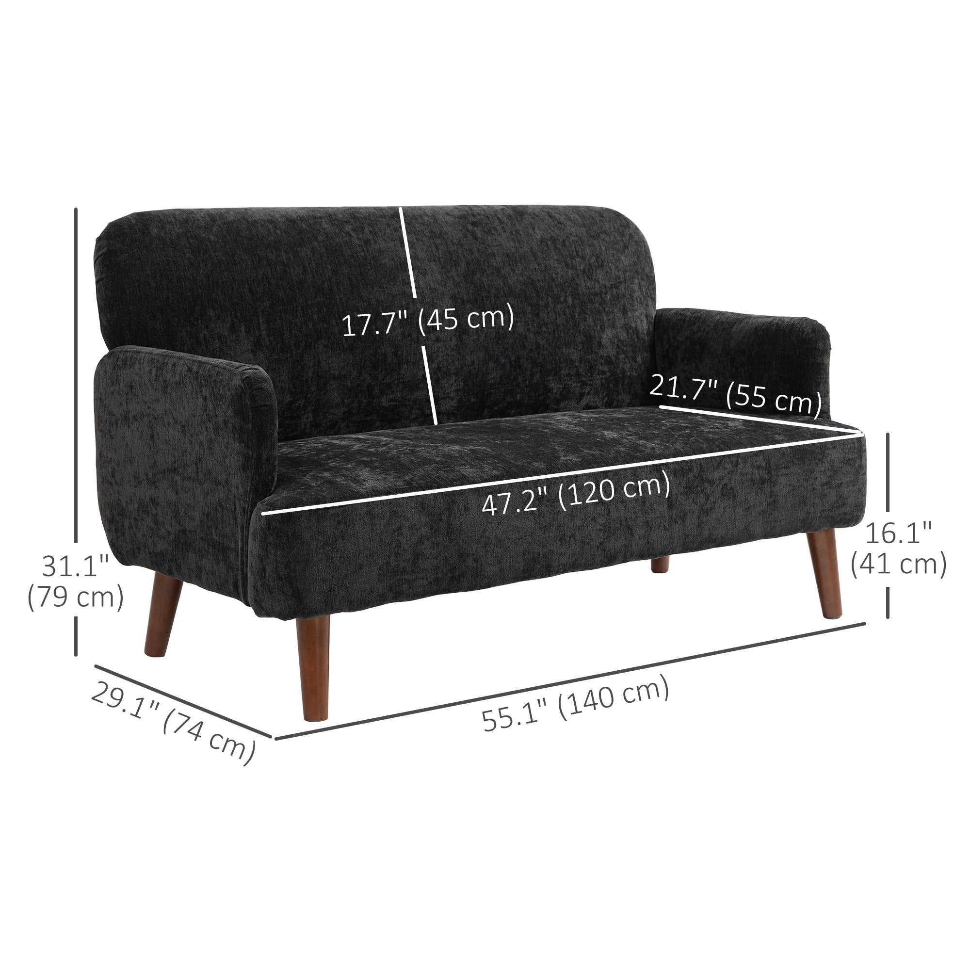 Velvet Fabric 2 Seater Sofa, 8.3" Thick Padding, Wood Legs, Black Loveseat (65 characters)-DECOROLALA