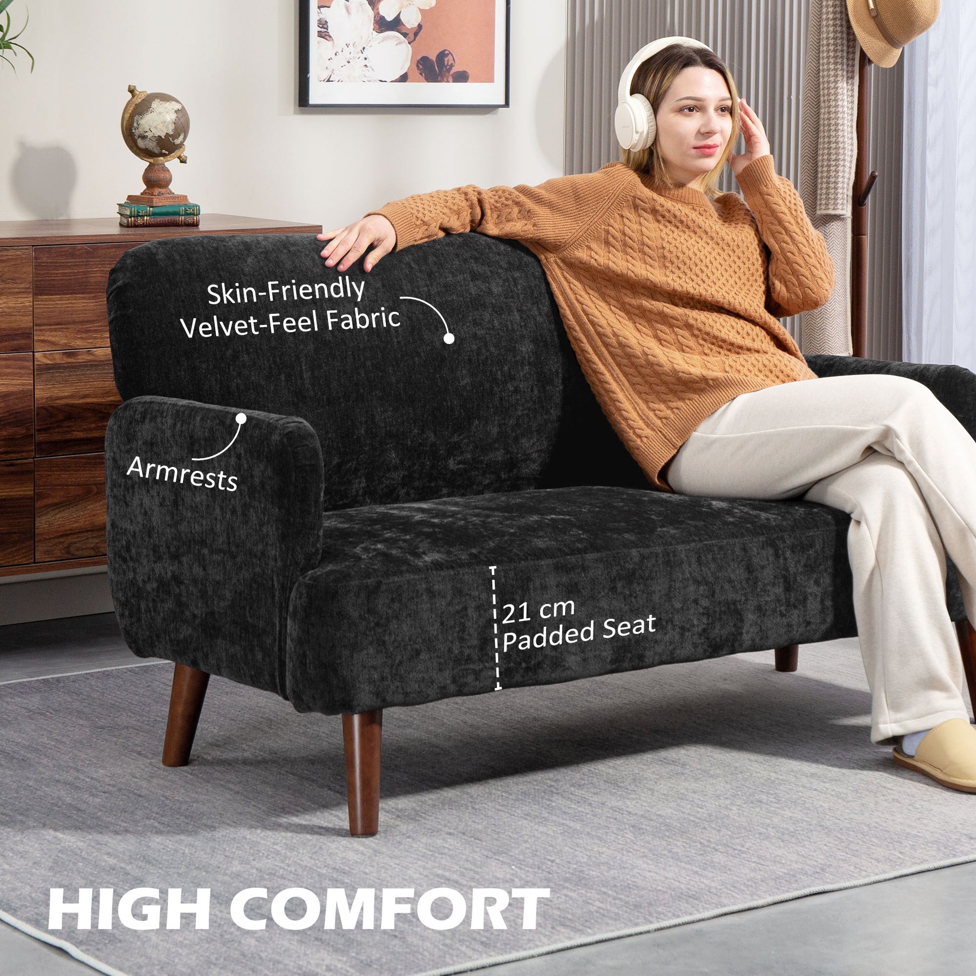 Velvet Fabric 2 Seater Sofa, 8.3" Thick Padding, Wood Legs, Black Loveseat (65 characters)-DECOROLALA